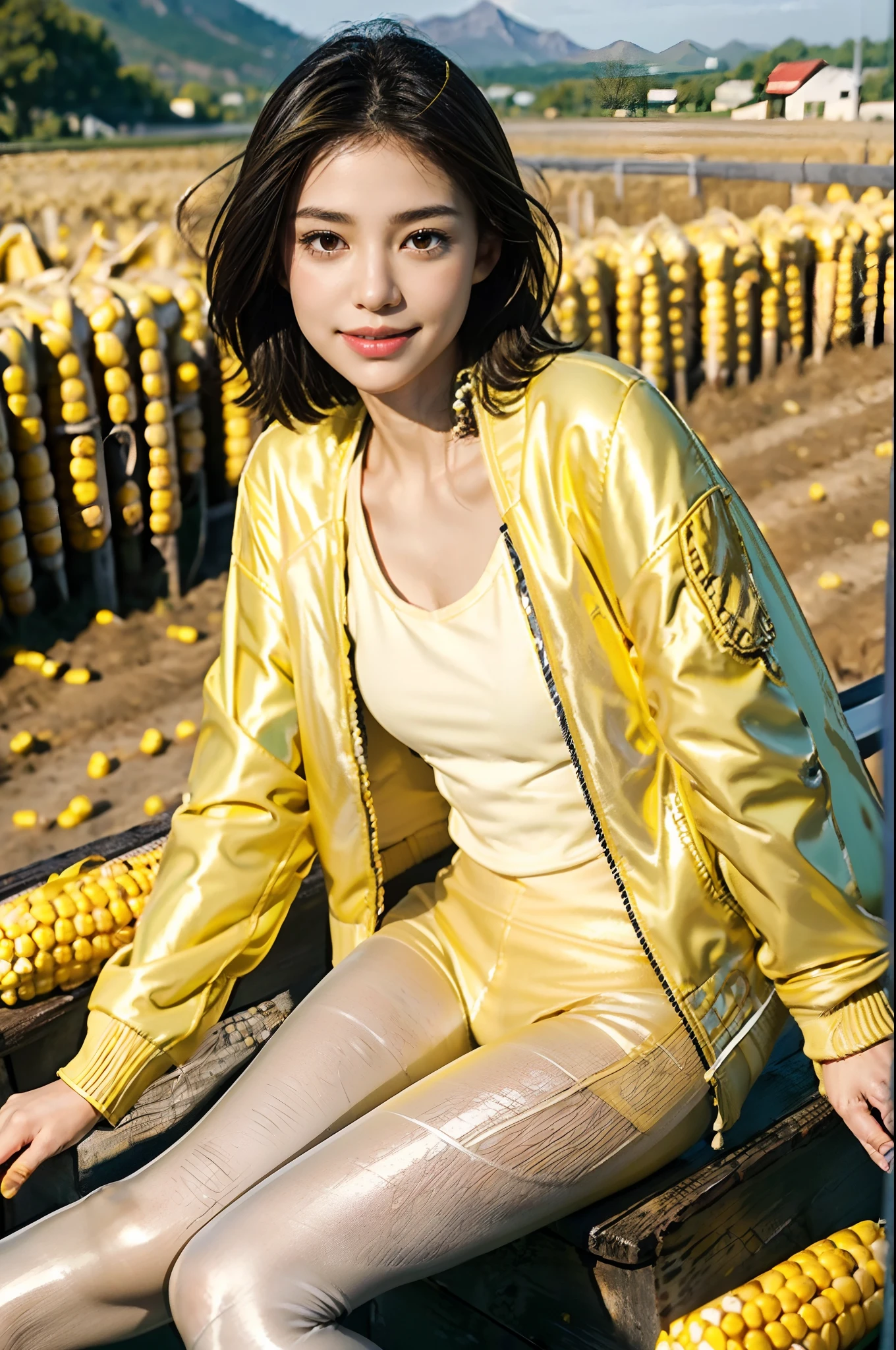 (shoulder-length straight short black hair:0.9),Upper body, （Extremely meticulous CG 8k wallpaper），（Extremely refined and beautiful），（Masterpiece），（best qualtiy:1.0），（Ultra High Resolution:1.0），beautiful light up，Perfect lightning，realistic shaded，[A high resolution],(Smooth and flawless fair skin:1.5),(shiny skin:1.5),Extremely exquisite facial details，ultra - detailed，A  girl，small head,smile,happy,late autumn,afternoon，Close Shot,(In farmyard:1.5),farmhouse,clear sky, blue sky,trees with yellow leaves,yellow leaves flying in the air,Many yellow leaves on the ground,Bright sunlight,(Sitting in a mountain of corn cobs:1.5),enjoying a comfortable and intoxicated expression,small face,hair flying,(perfect body:1.1）,small breasts，flat chest，slim，thin，(yellow jacket:1.5),(white pantyhose:1.3),Slender legs