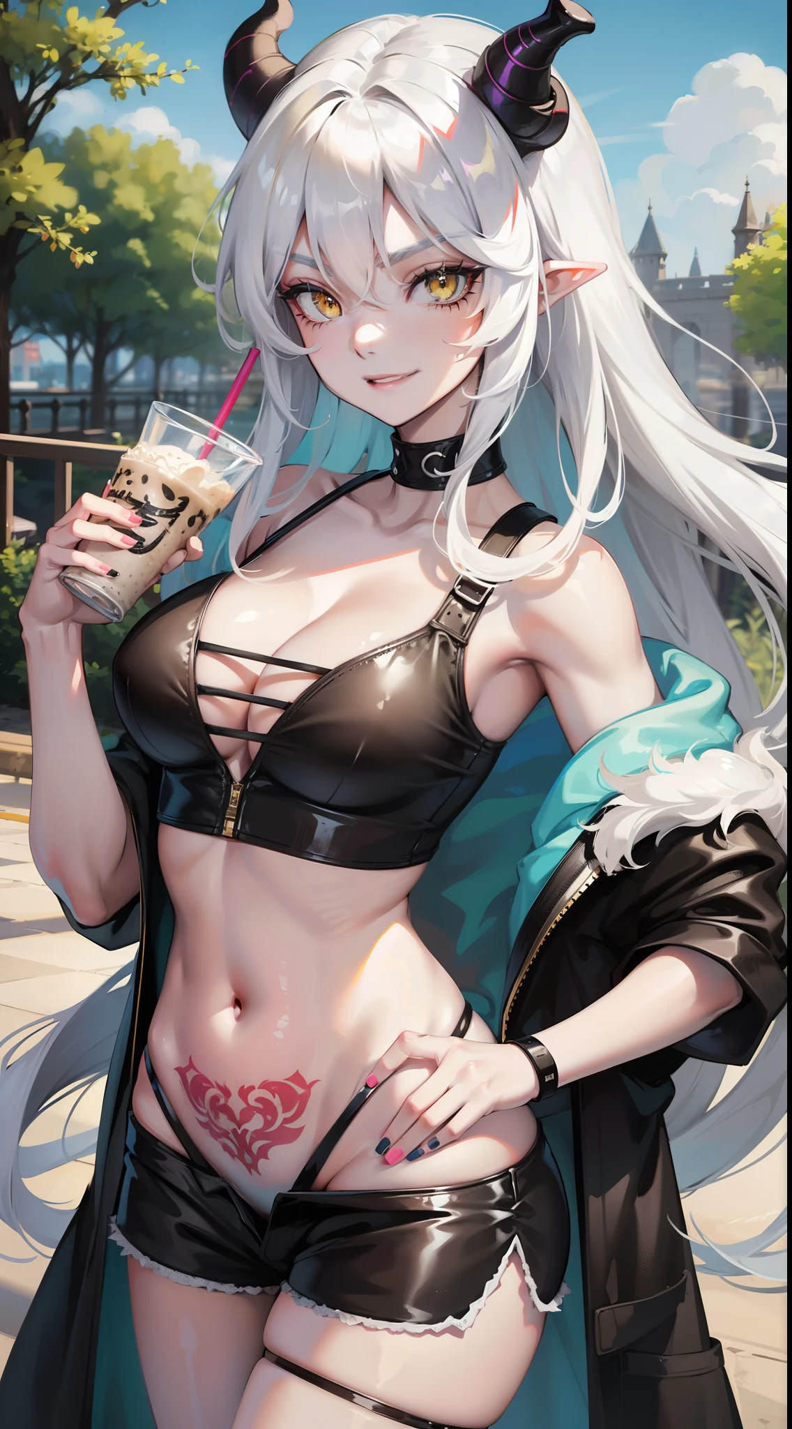 young girl, Long white hair, dragon horns, Yellow eyes, black skin, Ebony, white tanktop, open belly, Shorts, tattoo, smirk, milkshake, park background, Masterpiece, hiquality, 4k, HD, Good detail