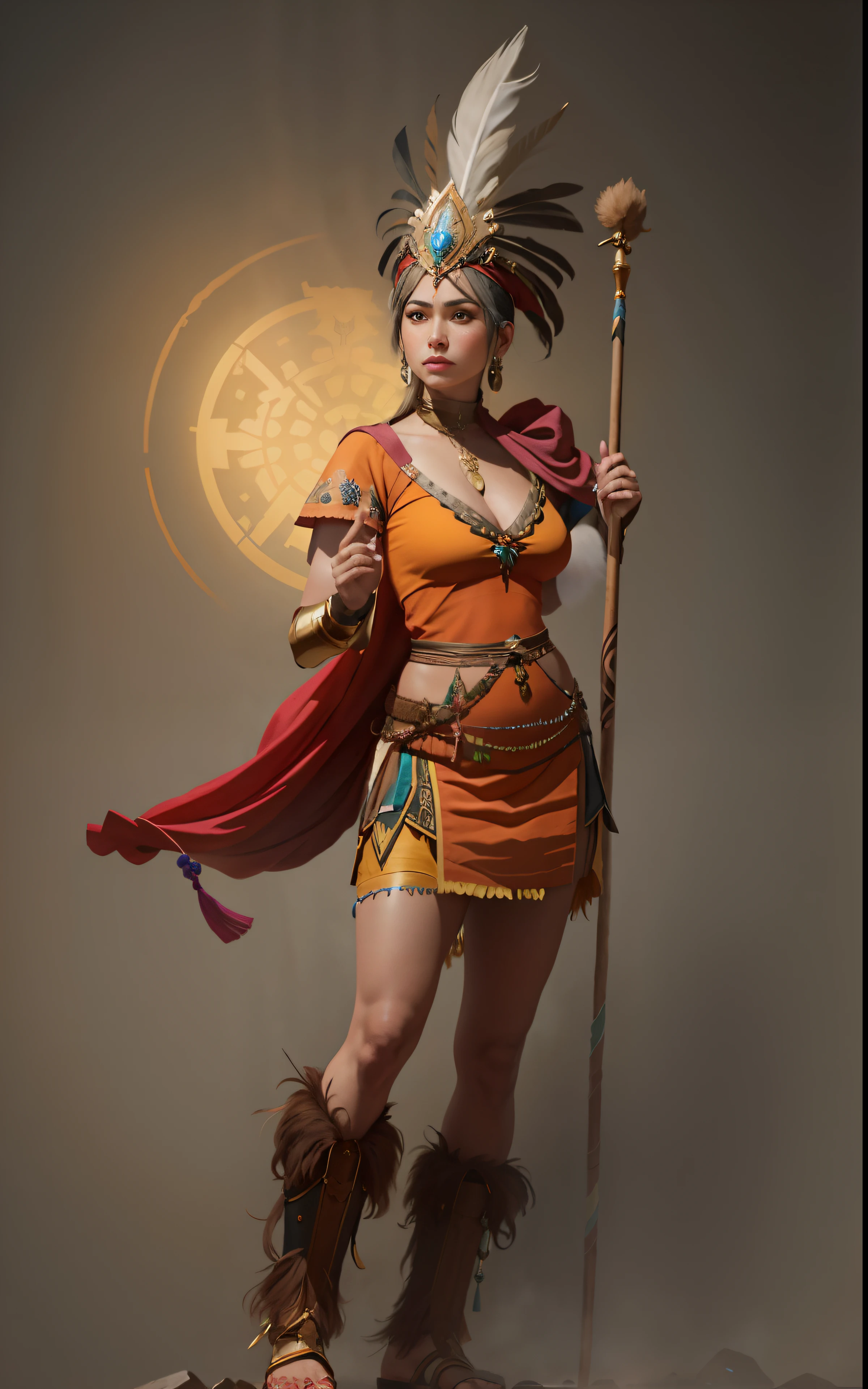 Mujer amazonas Inca, con un traje con una lanza y un tocado de plumas, Inca, cosplay adornado, Ruan Jia y ArtGerm, Artgerm y Ruan Jia, inspirado por Lan Ying, fantasy character photo, CGsociety de cuerpo completo, Retrato completo de Elementalist, she is holding a long staff, inspirado por Ju Lian