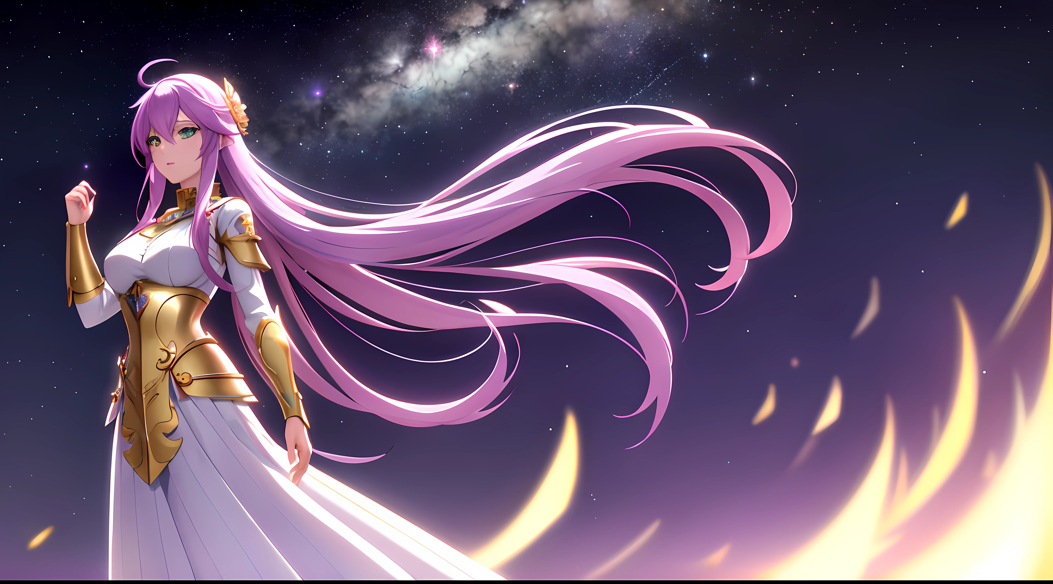 Athena with plain long light purple hair,hair between eyes,green eyes,rosy cheeks,full lips,thin eyebrows,slender body,wearing golden armor and full long skirt,cute anime girl,full body,desert night sky nebulae in background,anime style,Lumen Reflections,Screen Space Reflections,Diffraction Grading,Chromatic Aberration,GB Displacement,Scan Lines,Ray Traced,Anti-Aliasing,FXAA,TXAA,RTX,SSAO,Shaders,OpenGL-Shaders, GLSL-Shaders,Post Processing,Post-Production,cell Shading,Tone Mapping,CGI,VFX,SFX,insanely detailed and intricate, 4K,standing, solo, masterpiece, best quality, detailed face, detailed eyes, highres, standing, solo,masterpiece, best quality