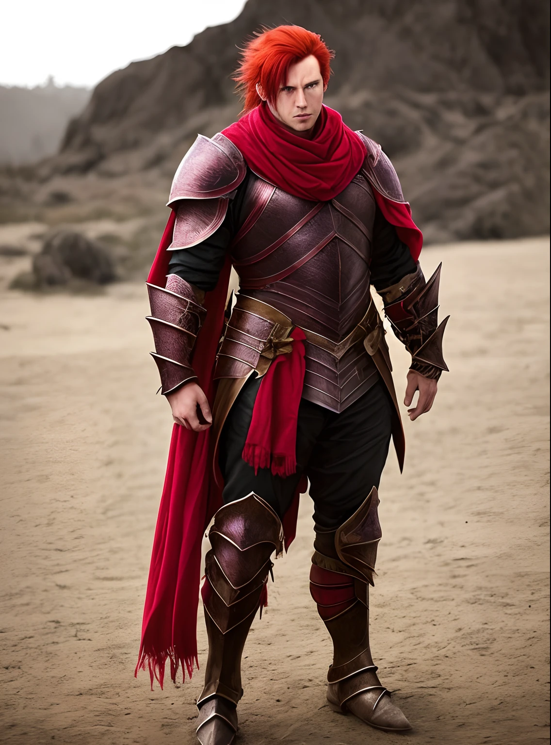 Red hair man scale armor with scarf