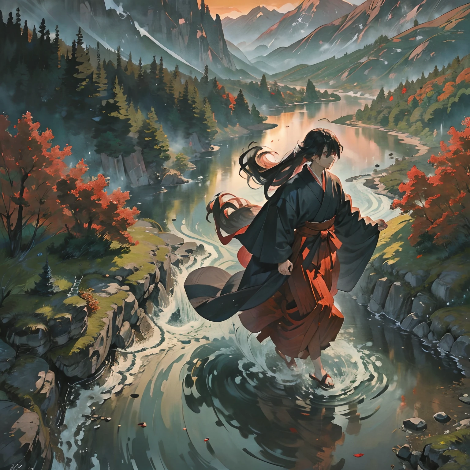 1 male、Anime style、illustratio、Dark hair、length hair、Parting the middle bangs、Traditional kimono、Black Hakama、Neutral facial features、Beautiful face、Red Eyes、deadpan、Bright background、Walking outdoors、Classic landscape、Landscape of flowing river