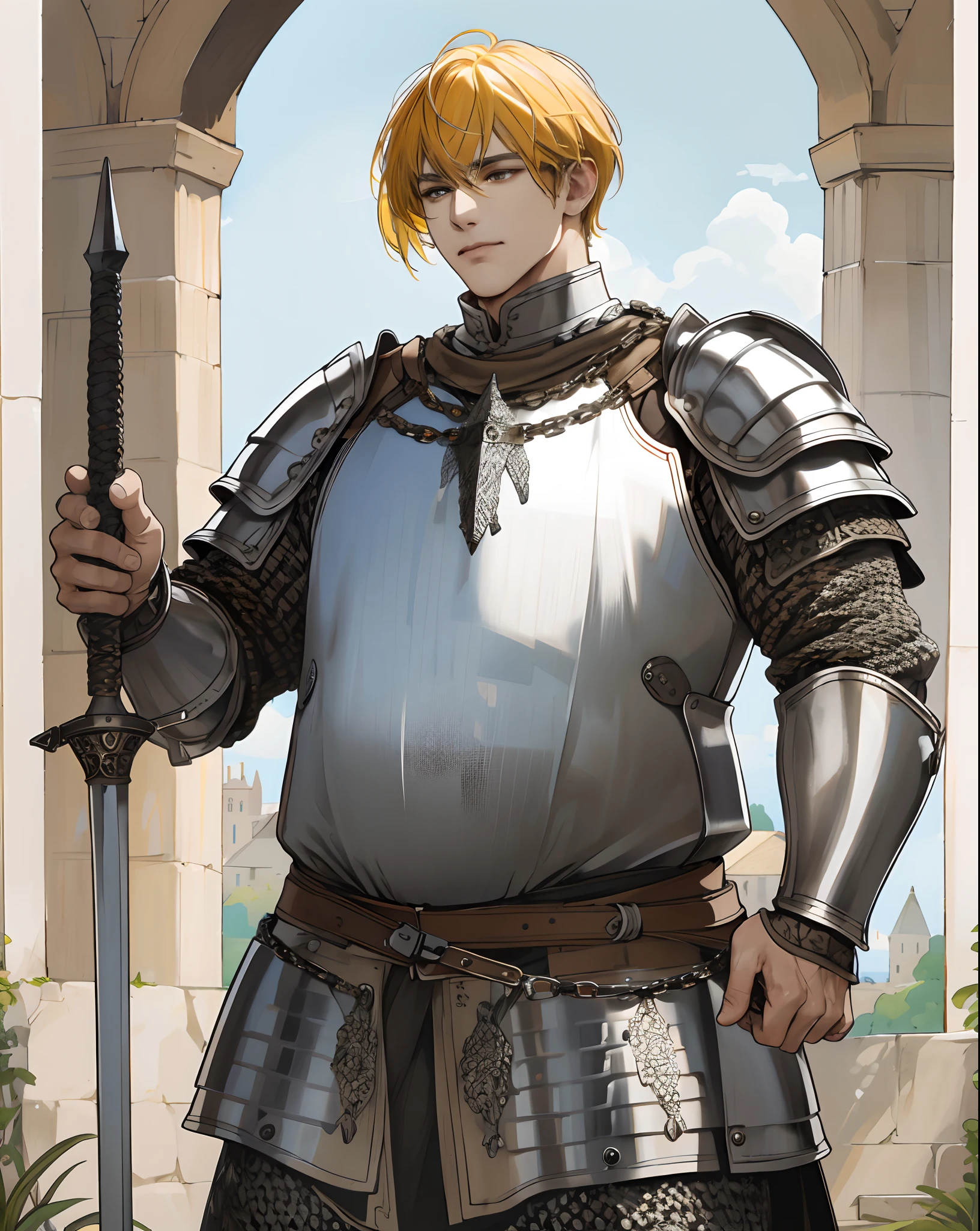 (absurd, highres, ultra detailed), 1man, mature man, intricate details, enlarged textures, intricate details, finely detailed eyes and detailed face, intricate details, honey yellow hair, (closed mouth), perfect eyes, matching eyes, bob cut, brown eyes, medieval Fantasy style clothing, fantasy style, armor, chain armor, medieval chain armor, weapon, chain mail, mace, weapon mace, holding a mace, chubby, strong, medieval town, daylight, tanned skin, man, iron chain armor, flabby, fat, stomach,chainmail, shield, full body, fat, light blue armor