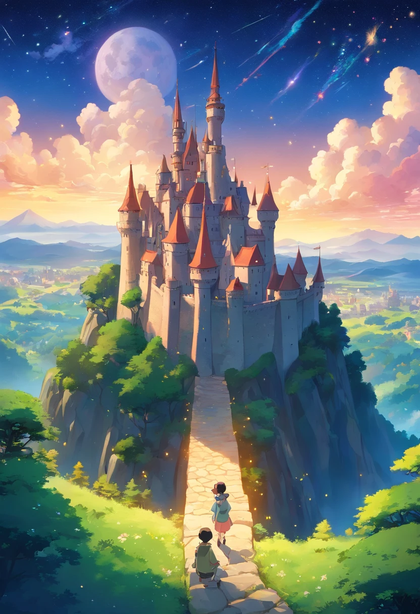 a castle and watching the galactic sky and with many bright stars, fantastic and epic sky, anime style, full colors, two-dimensional, planar vector, character design, T-shirt design, stickers, colorful splashes, and T-shirt design, vector art, fantasy art, watercolor effect, Adobe Illustrator, hand-painted, digital painting, low polygon, soft lighting, aerial view, isometric style, focusing on people, 8K resolution, using Cinema 4D