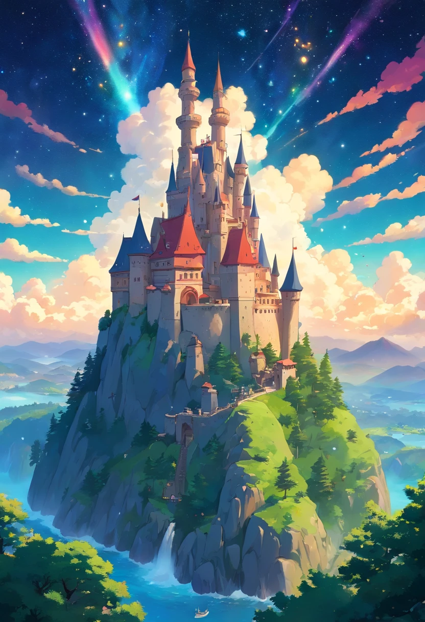 a castle and watching the galactic sky and with many bright stars, fantastic and epic sky, anime style, full colors, two-dimensional, planar vector, character design, T-shirt design, stickers, colorful splashes, and T-shirt design, vector art, fantasy art, watercolor effect, Adobe Illustrator, hand-painted, digital painting, low polygon, soft lighting, aerial view, isometric style, focusing on people, 8K resolution, using Cinema 4D