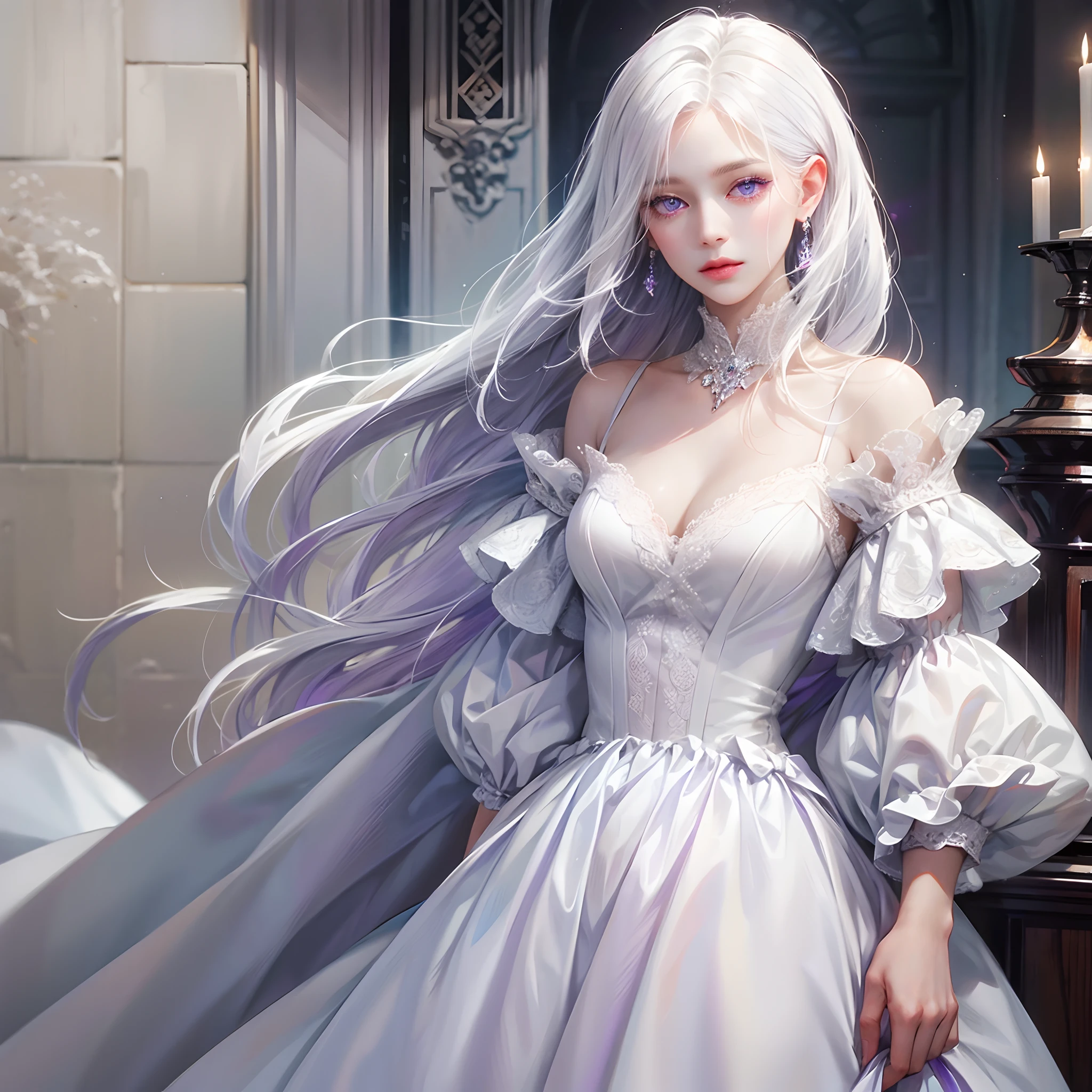 a women, white hair, purple eyes, white dress