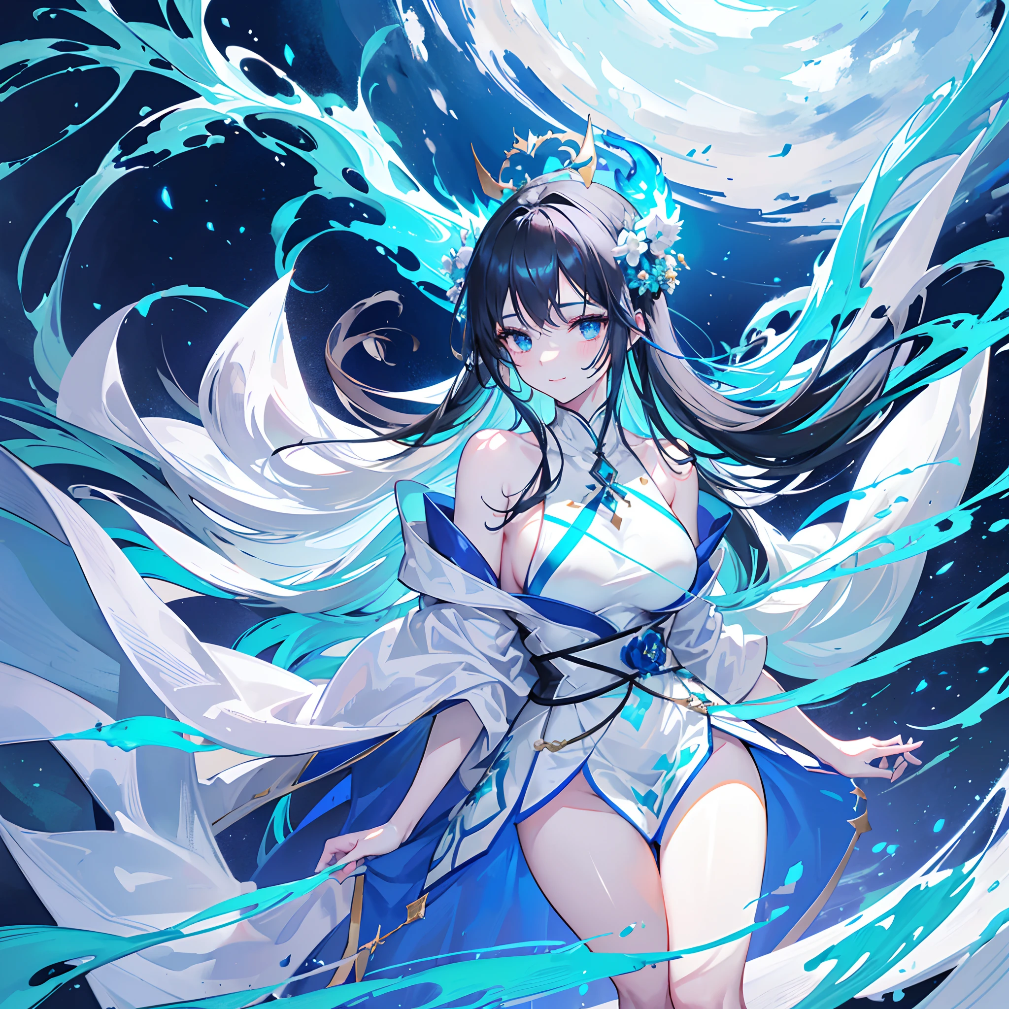 A far view of an Anime adult girl, ((white and aqua robe)), gold hand and thigh accessories, long-ish ((black hair)), blue eyes, nose, sm((smiling)), pale skin, neck, shoulders, small chest, arms, (((((blue fire burning the entire body: 1.5))))), regular waist, legs, big thigh, bare round feet, medium breasts, ((adult face)), blue stripes outfit, standing near a tree, ((floating over the a flower forest)), cinematic light, high resolution, highest quality, ultra detailed, detailed face, (detailed eyes), best quality, hyper detailed, masterpiece, (detailed face), clean face, (((wearing a blue fire crown))), (((((no blush)))))