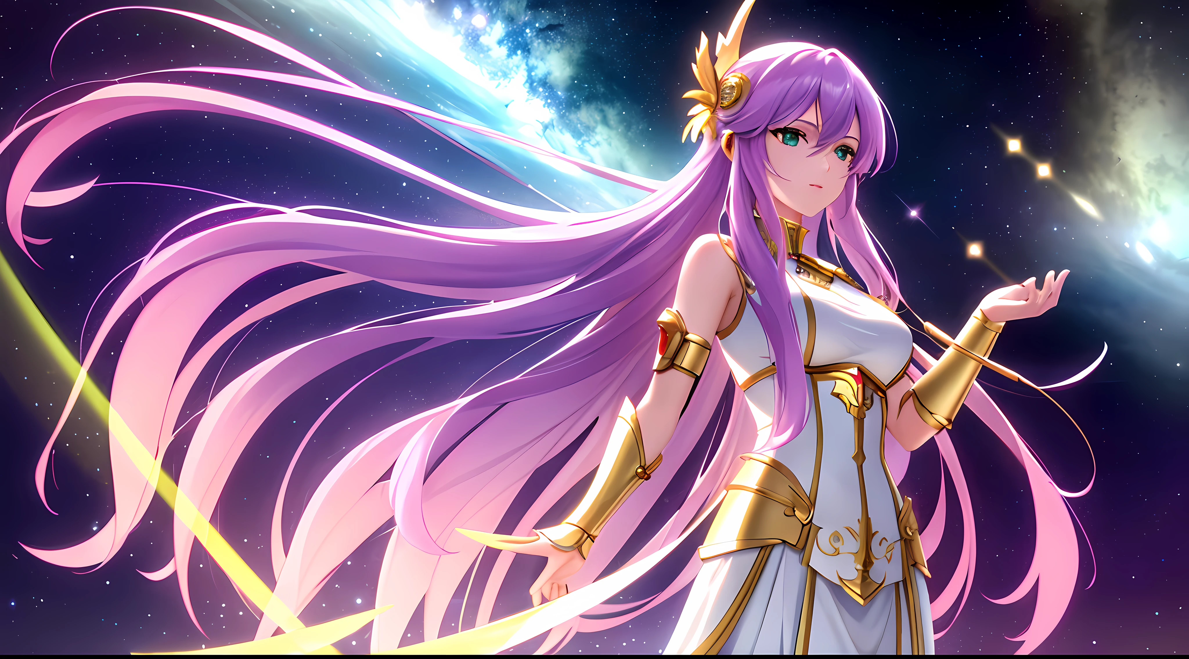 Athena with plain long light purple hair,hair between eyes,green eyes,rosy cheeks,full lips,thin eyebrows,slender body,wearing golden armor and full long skirt,cute anime girl,full body,desert night sky nebulae in background,anime style,Lumen Reflections,Screen Space Reflections,Diffraction Grading,Chromatic Aberration,GB Displacement,Scan Lines,Ray Traced,Anti-Aliasing,FXAA,TXAA,RTX,SSAO,Shaders,OpenGL-Shaders, GLSL-Shaders,Post Processing,Post-Production,cell Shading,Tone Mapping,CGI,VFX,SFX,insanely detailed and intricate, 4K,standing, solo, masterpiece, best quality, detailed face, detailed eyes, highres, standing, solo,masterpiece, best quality