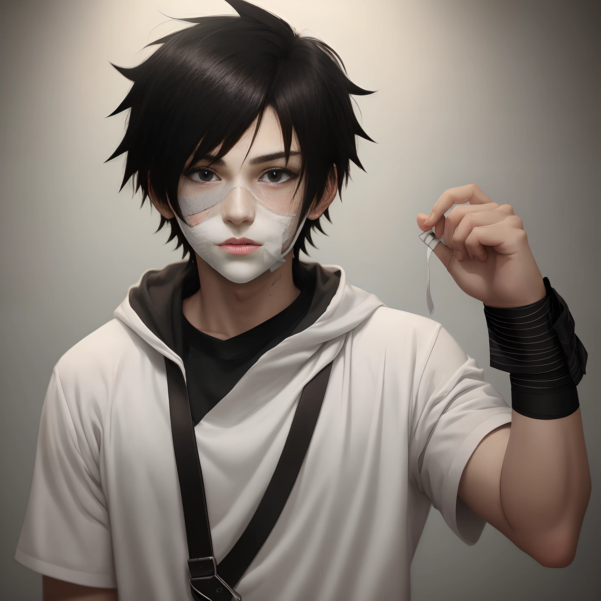 emo anime boy with bandages on face and bruises