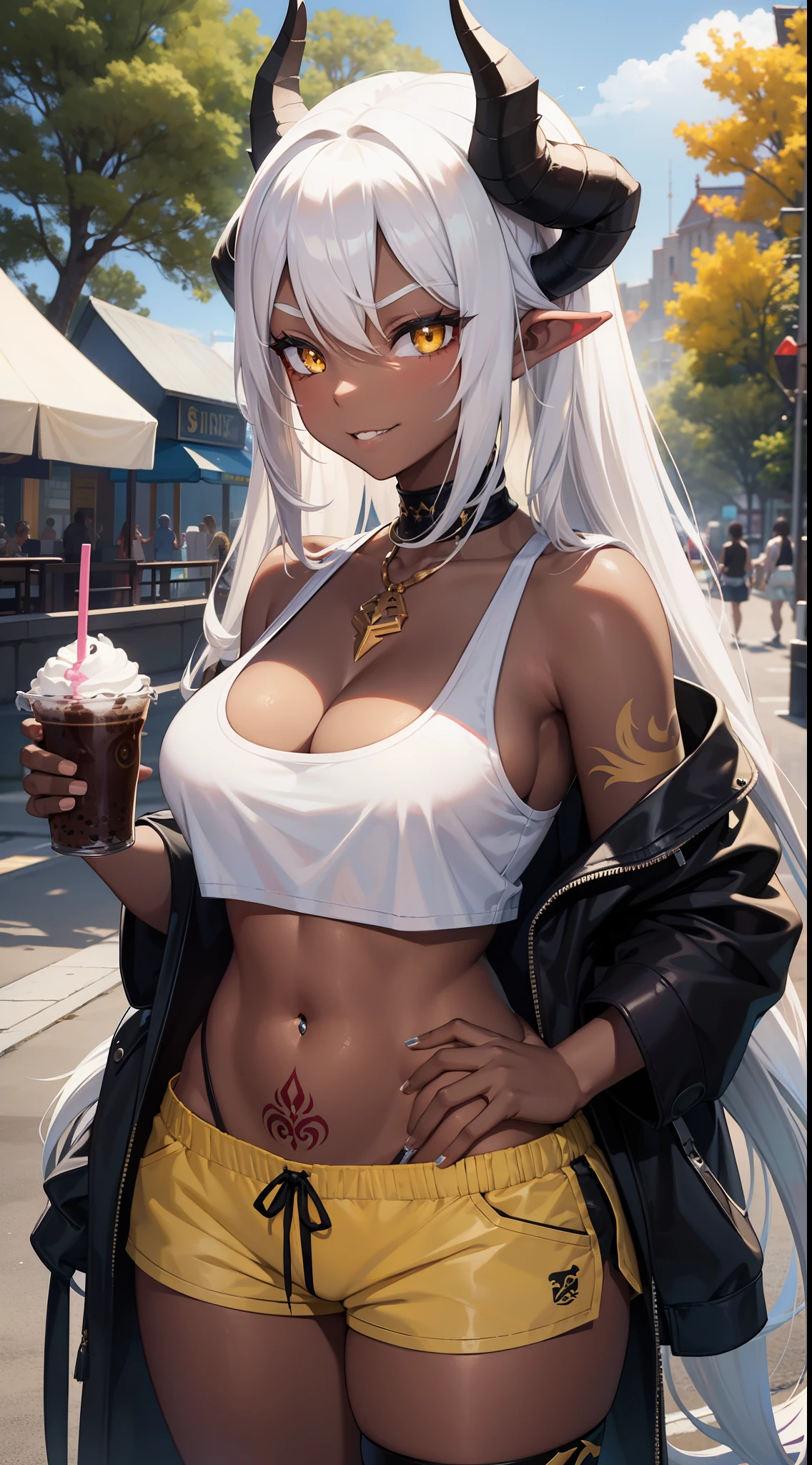 young girl, Long white hair, dragon horns, Yellow eyes, black skin, Ebony girl, white tanktop, open belly, Shorts, tattoo, smirk, milkshake, park background, Masterpiece, hiquality, 4k, HD, Good detail