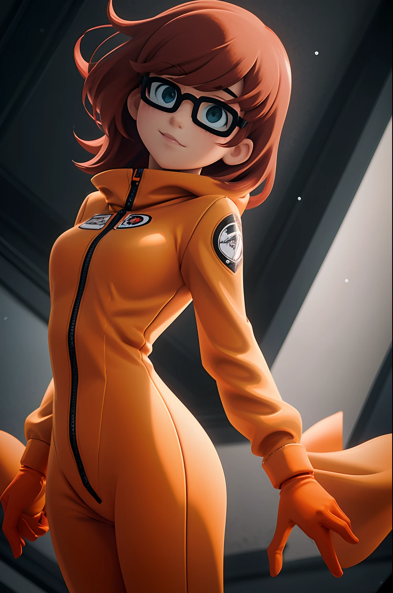 vlm woman, 2d cartoon, orange catsuit, falling from the sky, lr, 80mm, 70mm, intricate details, shallow depth of field, volumetric fog, cinematic lighting, reflections, photographed on a Canon EOS R5, 50mm lens, F/2.8, HDR, 8k resolution,