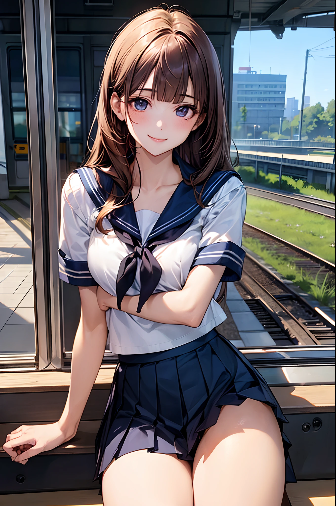 ((((, , perfect anatomy, super detailed skin)))), 1 girl, japanese, , shiny skin, large breasts:0.5, watching the view, (smile:1.5), 
beautiful hair, beautiful face, beautiful detailed eyes, (long hair:1.7, straight hair:1.5, blunt bangs, hime cut), blond hair, 
beautiful clavicle, beautiful body, beautiful chest, beautiful thigh, beautiful legs, beautiful detailed fingers, five fingers, babyface, , st, mole under eye, 
((navy school uniform, short sleeves, navy pleated skirt, sailor collar, extremely sexy, seductive thighs)), white panties, thong, crotch, camel toe
(beautiful scenery), evening, , (train station), sitting, hands between legs, 
(8k, top-quality, masterpiece​:1.2, extremely detailed, , ), (photorealistic), beautiful illustration, cinematic lighting,