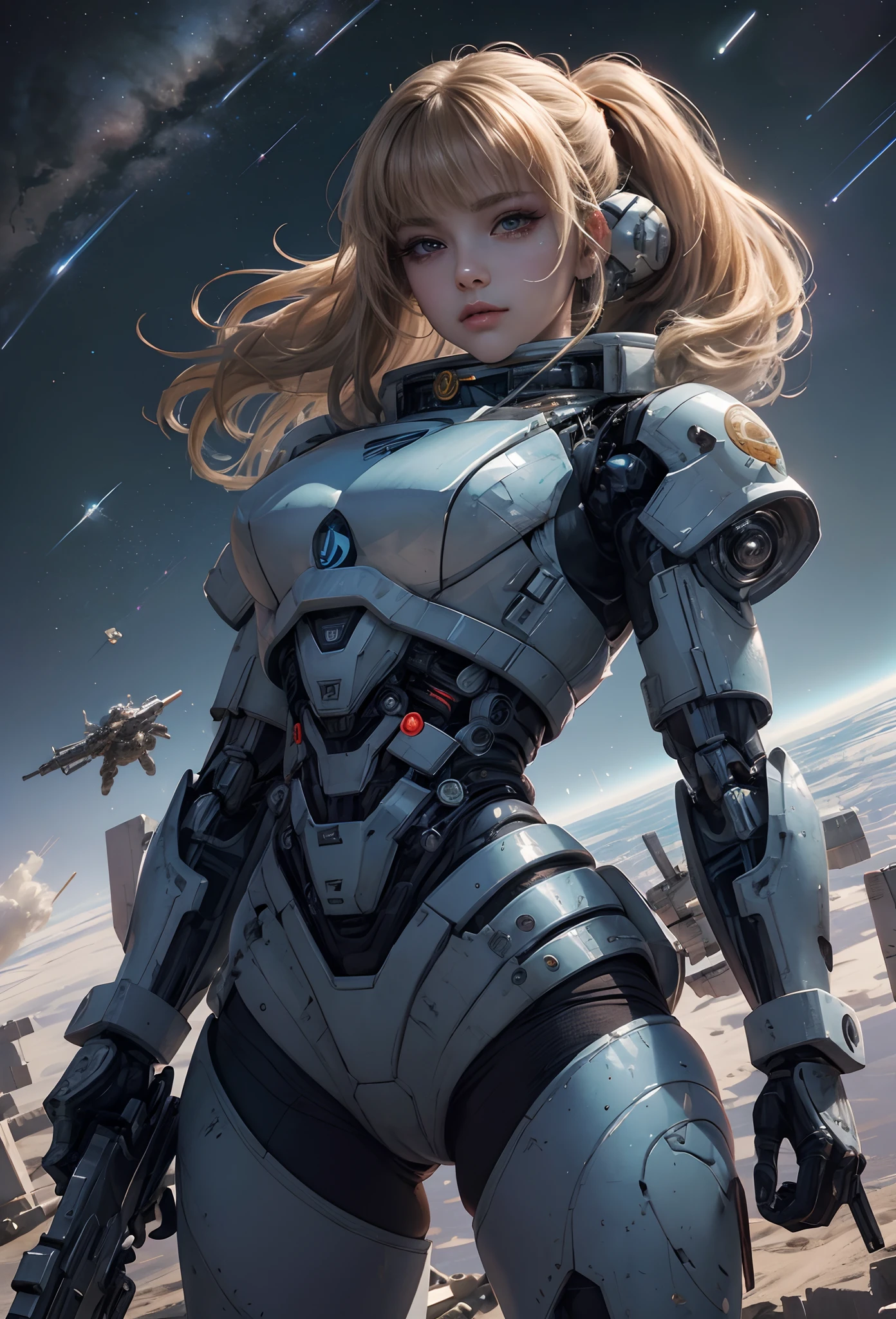 (Detailed illustrations,Very detailed and detailed drawing,Delicate lines with slow and rapid,Realistic texture expression),[Color tressed main line],(Space Battlefield [Space Mobile Fortress]),[独奏],HENTAI (((ANIME) BIONICGirl) Beauty  ((well-muscled) [plump])) (Astronauts Cyborg) [Space Marine Corps Military [MASCHINEBODY]],Bullet Belt Javelin [[Firearms, Machine Guns, Bazookas] Saber Rifle ][[Rocket Pack]],Zero Gravity Front,gravure [[White Devil] [Outer space combat]] Battle Damage,[retro-futuristic],(Intricate and beautiful decoration [Dense detail]),(Fine and beautiful skin expression [Transparency]),[Perfect eye details (Iris beautifully drawn in every detail)[Jewel-like eyes]],[long and beautiful eyelashes],[Meticulously drawn hair [More on beautiful and shiny hair]],(Perfect hand details [Beautiful fingers without breakdowns [Beautiful nails]]),(Perfect Anatomy (Perfectly proportioned)) [[Full body like]],[[Design built to the highest level]][Ideal color coordination(Accurate simulation of light-material interactions)],(HighQuality,[Precision Detail] hight resolution,(detaileds,high-detail)),[Visual art that conveys a sense of narrative].
