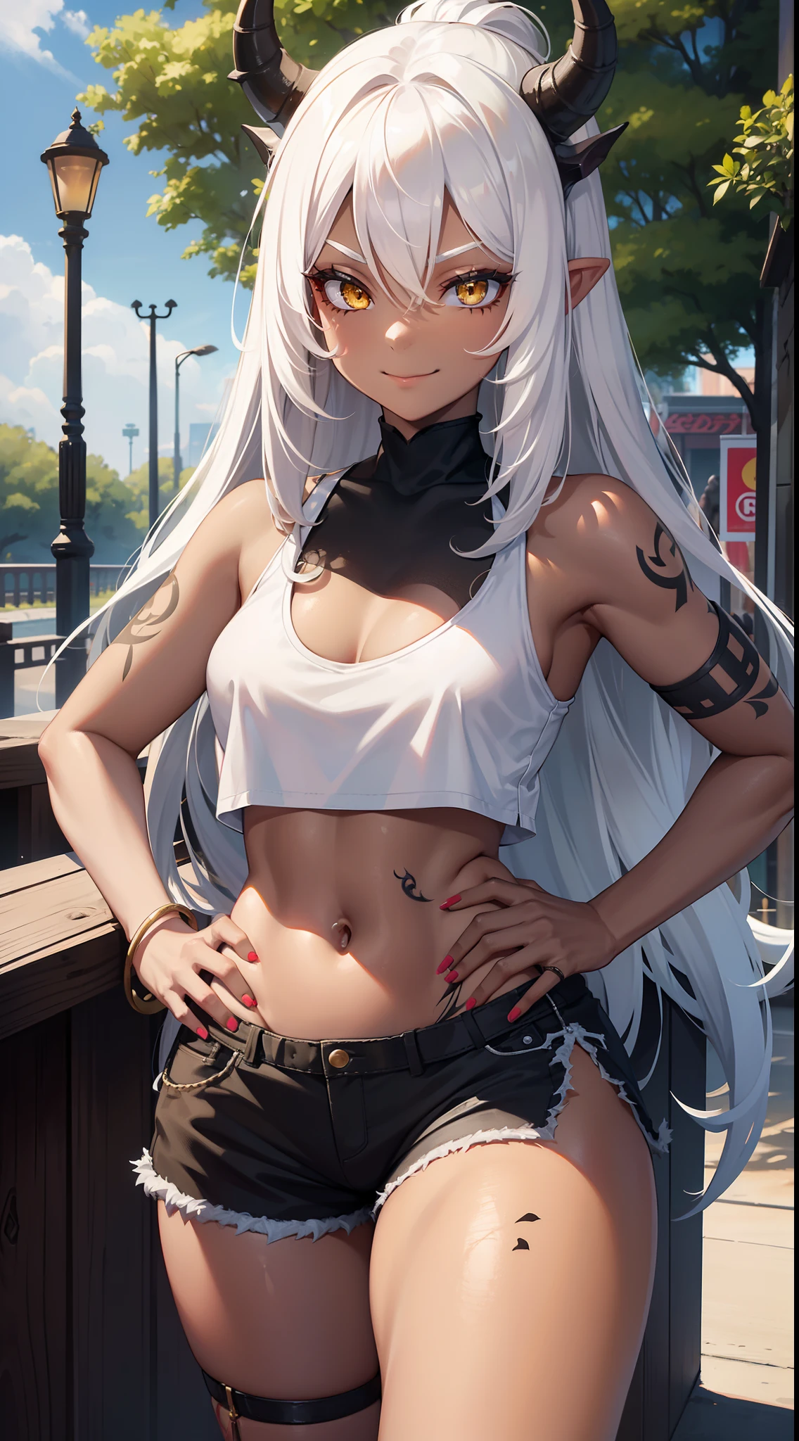 young girl, Long white hair, dragon horns, Yellow eyes, black skin, Ebony girl, white tanktop, open belly, Shorts, tattoo, smirk, milkshake, park background, Masterpiece, hiquality, 4k, HD, Good detail