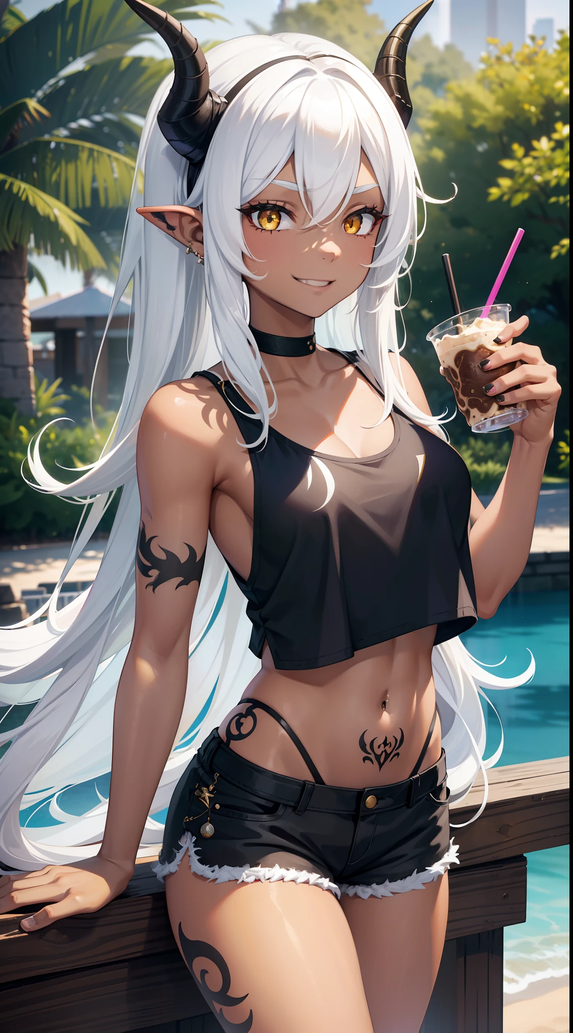 young girl, Long white hair, dragon horns, Yellow eyes, black skin, Ebony girl, white tanktop, open belly, Shorts, tattoo, smirk, milkshake, park background, Masterpiece, hiquality, 4k, HD, Good detail