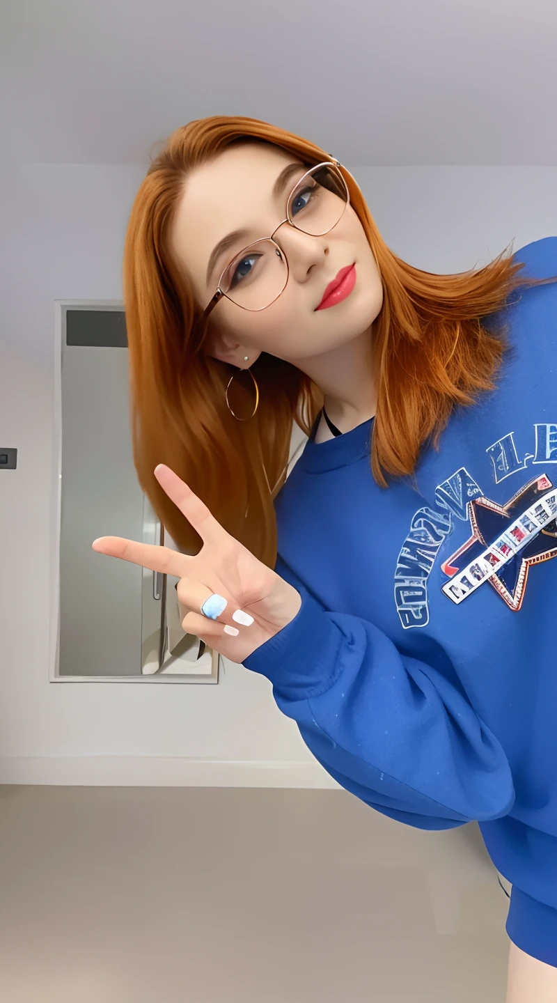 There's a woman with red hair and glasses posing for a photo, mais conhecido como Amouranth, Amouranth, jovem Amouranth bonito, low quality video, amouranth as a super villain, usando um capuz azul, irish youtuber, usando um capuz azul neon, vestindo um pescador 🧥, vestindo moletom, tiktok video, tons de laranja e azul, estilo anime todo detalhado