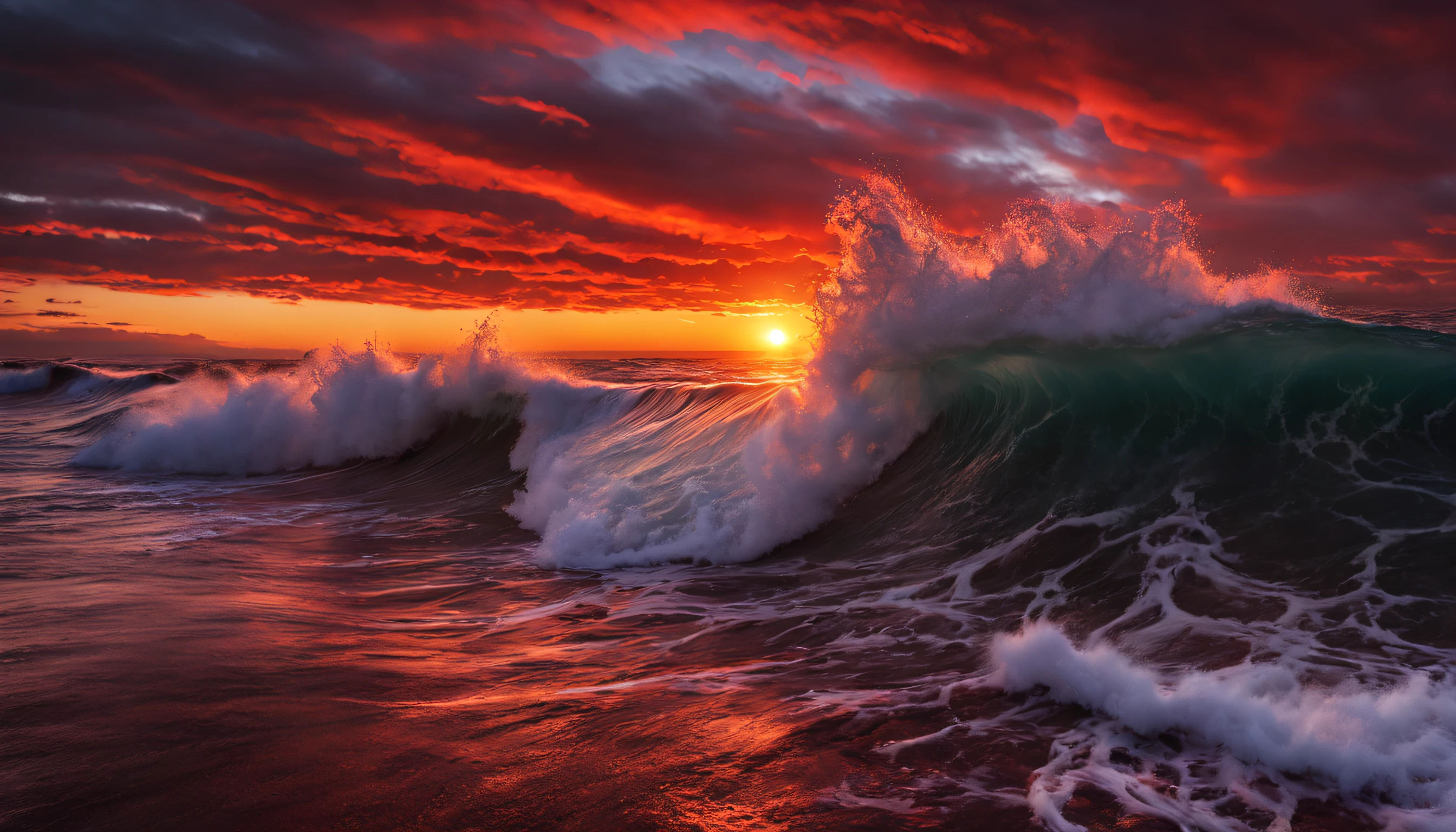 arafed view of a sunset over the ocean with waves crashing, chaotic sea setting, marc adamus, breathtaking look, epic sunset, dramatic reddish light, epic sunrise, vibrant sunrise, sunset glow, soft glow, vibrant sunset, breathtaking composition, jaw dropping beauty, by Alexander Robertson, red horizon, dramatic sunrise, breathtaking colors, dramatic sunset, seascape, red sunset