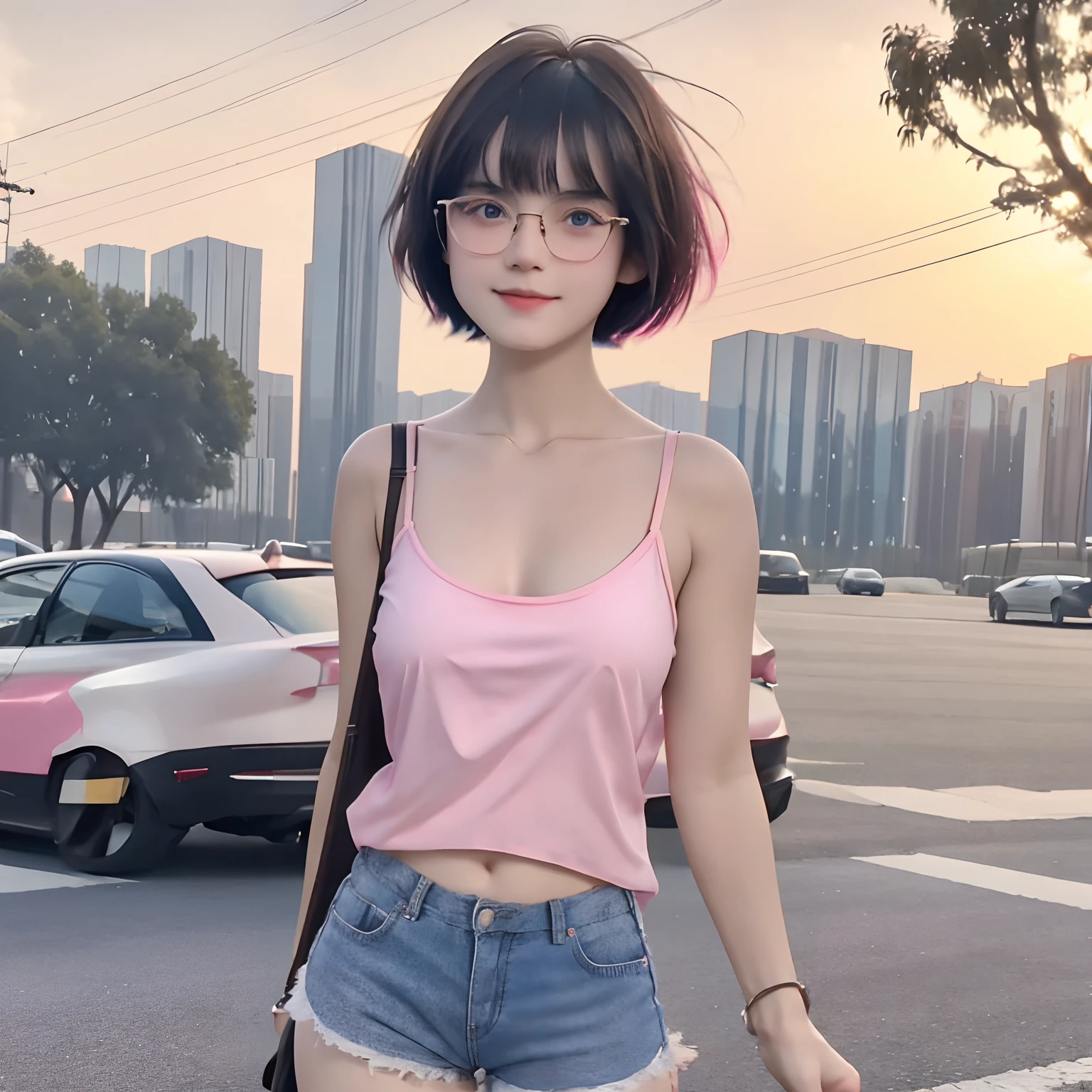 16 years old cute girl with black short bob hair and bangs, she is in eyeglasses, pink and white casual camisole, no bra, technically nude, pink shorts, petite body, seen through, her skin bright, beautiful blue eyes, outdoor, 8k detailed high quality, nsfw, semi-realistic