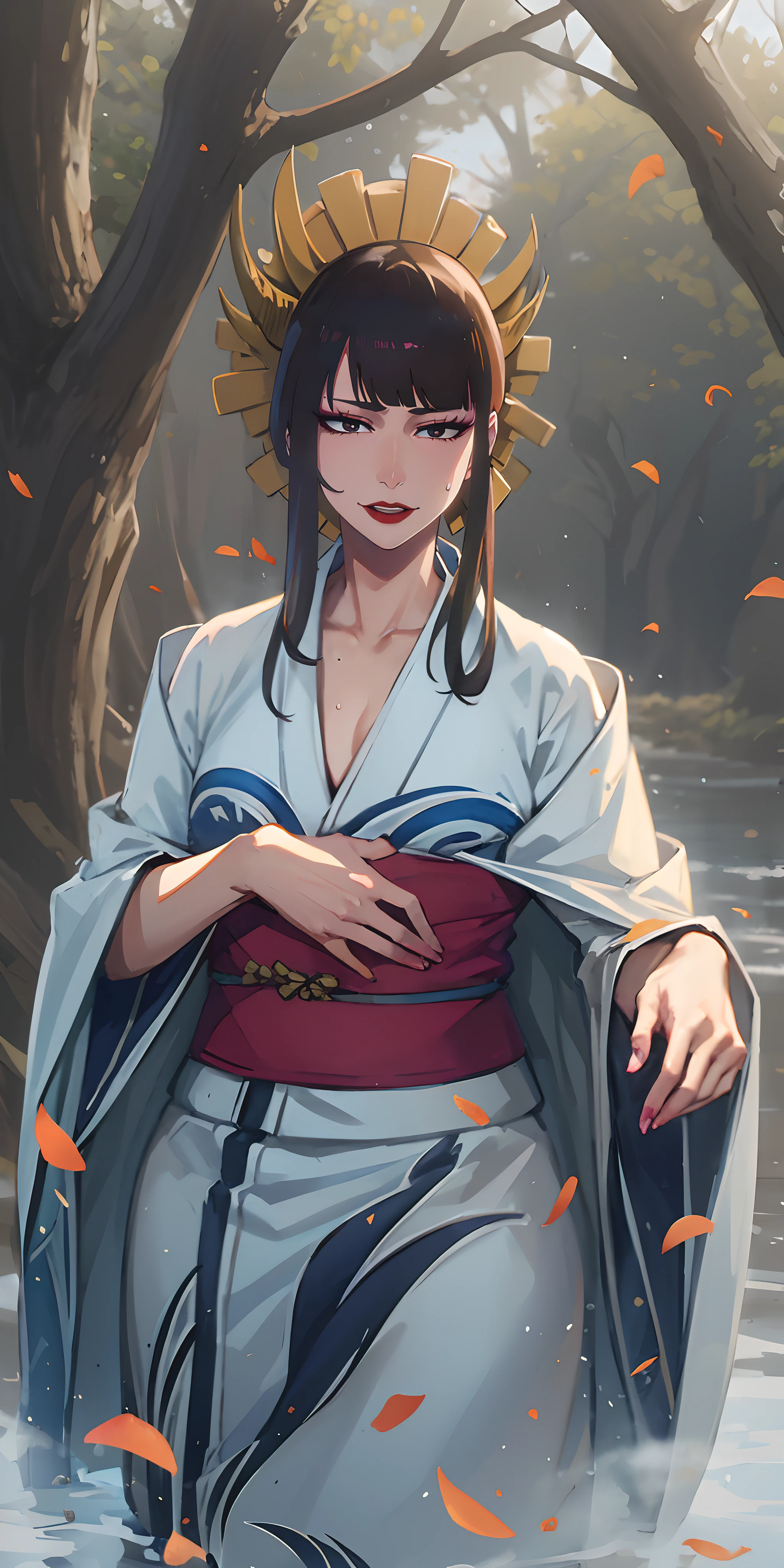 senjumaru shutara, (long hair, bangs, blunt bangs, black hair, sidelocks:1.5), (black eyes:1.5), makeup, lipstick, red lipstick, sweating, glowing eyes, heavy breathing, female focus, tree, japanese_clothes, solo, hakama, outdoors, 1girl, looking_at_viewer, standing, nature, kimono, blurry, long_sleeves, aqua themes, lips, "long shot scenic professional photograph of {prompt}, perfect viewpoint, highly detailed, wide-angle lens, hyper realistic, with dramatic sky, polarizing filter, natural lighting, vivid colors, everything in sharp focus, HDR, UHD, 64K", anime coloring, anime screencap, sweating, steaming body, fog, hair ornament,