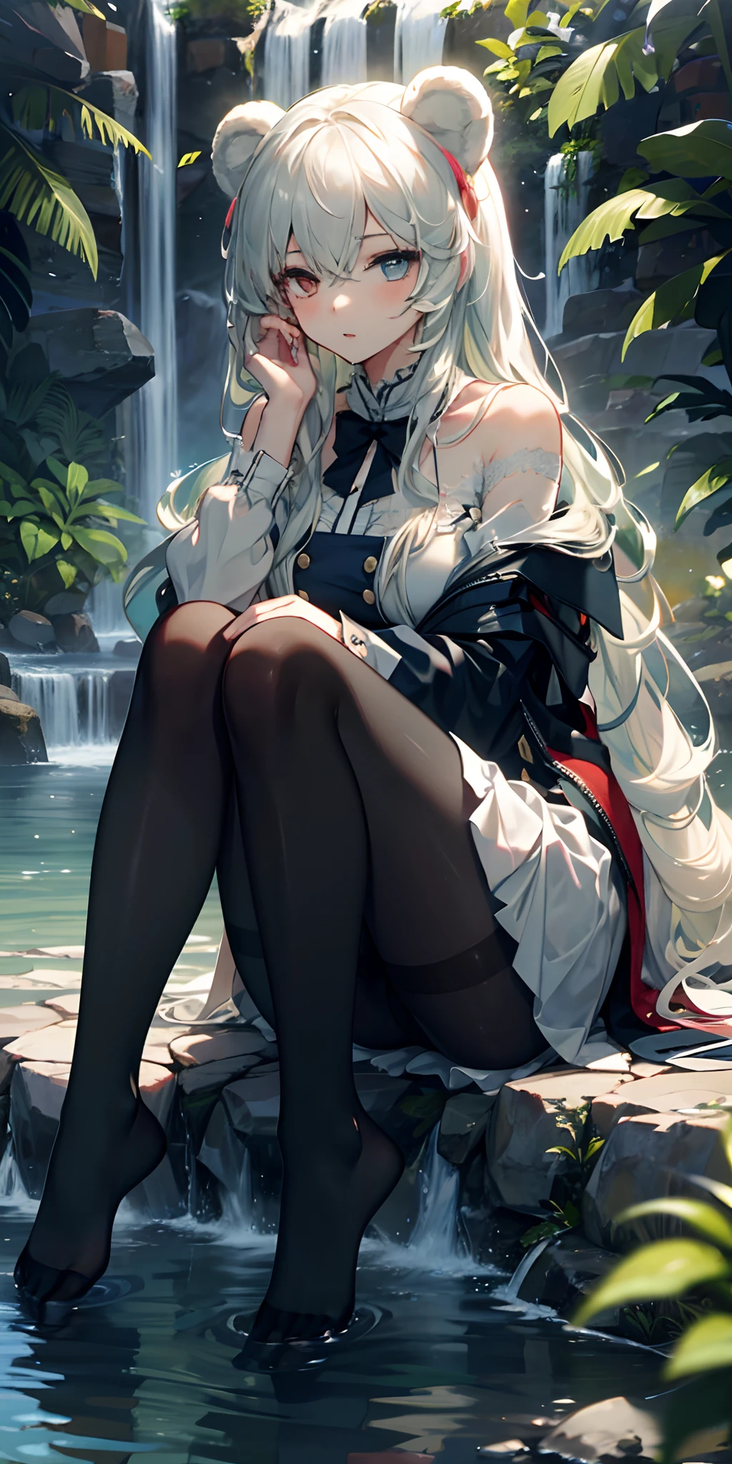 Anime girl sitting on a rock in front of a waterfall - SeaArt AI