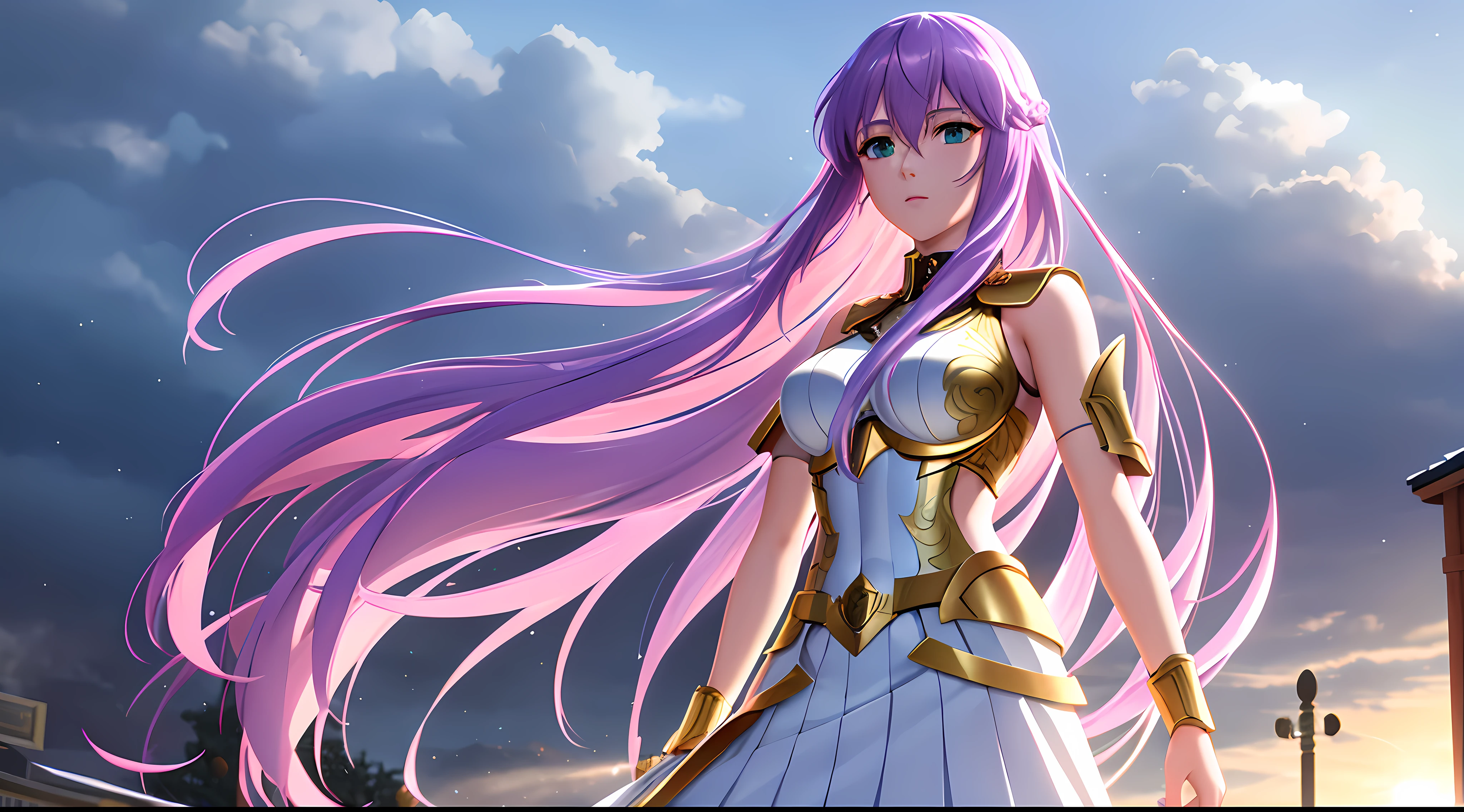 Athena with plain long light purple hair,hair between eyes,green eyes,rosy cheeks,full lips,thin eyebrows,slender body,wearing golden armor and full long skirt,cute anime girl,full body,village streets in background,anime style,Lumen Reflections,Screen Space Reflections,Diffraction Grading,Chromatic Aberration,GB Displacement,Scan Lines,Ray Traced,Anti-Aliasing,FXAA,TXAA,RTX,SSAO,Shaders,OpenGL-Shaders, GLSL-Shaders,Post Processing,Post-Production,cell Shading,Tone Mapping,CGI,VFX,SFX,insanely detailed and intricate, 4K,standing, solo, masterpiece, best quality, detailed face, detailed eyes, highres, standing, solo,masterpiece, best quality