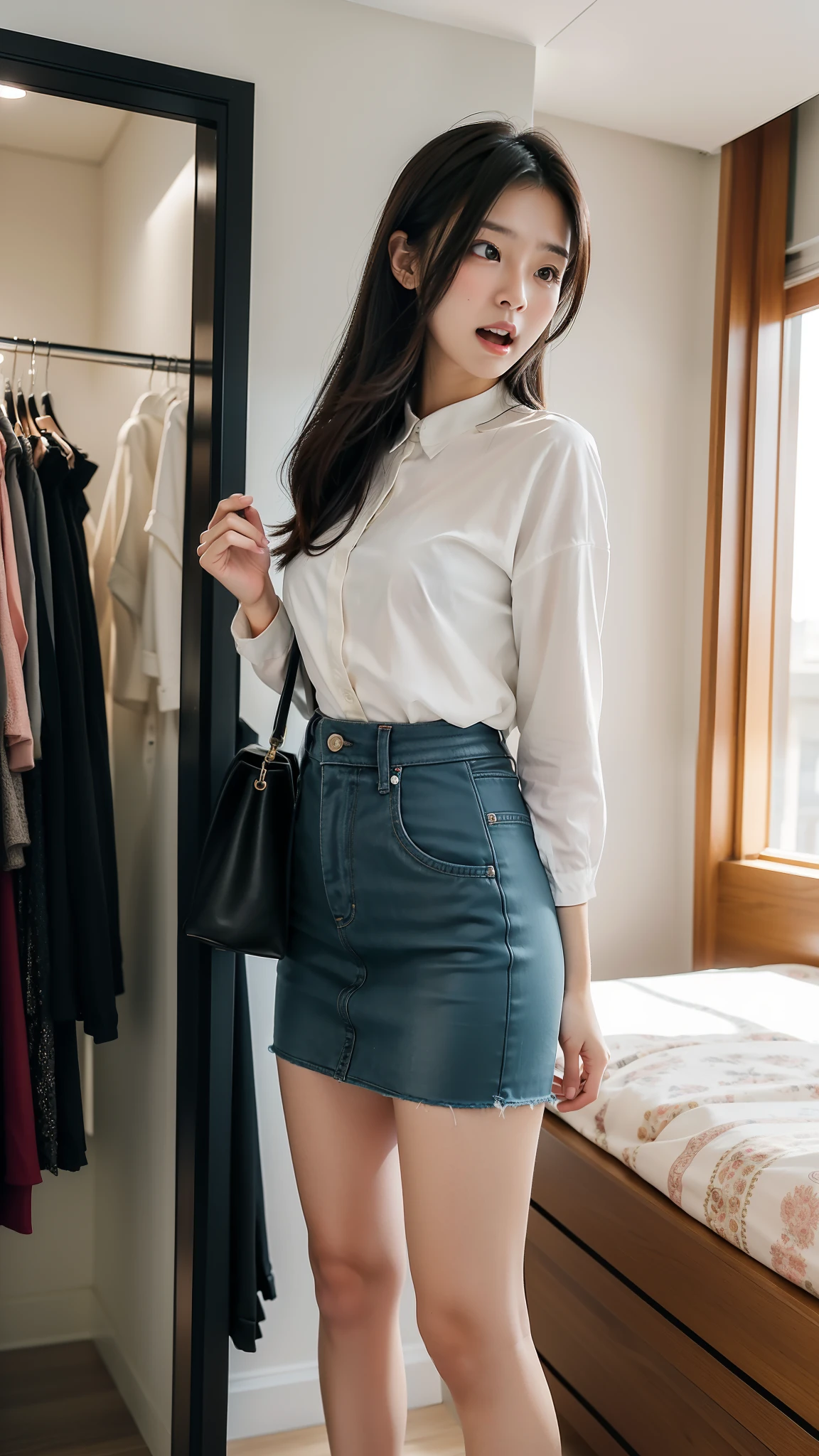 1 beauty,Look at the price tag in front of you,Very wide open mouth,expression of surprise,horse tailed,short skirt,Buy clothes,In luxury clothing stores,Clothing price tag(Side corner photo 1.5)