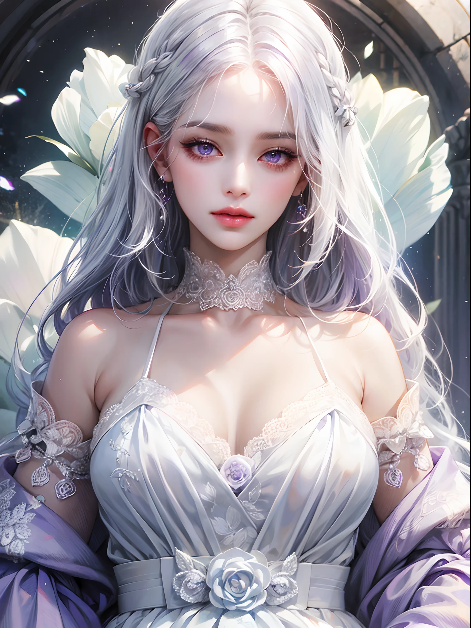 a women, white hair, purple eyes, white dress