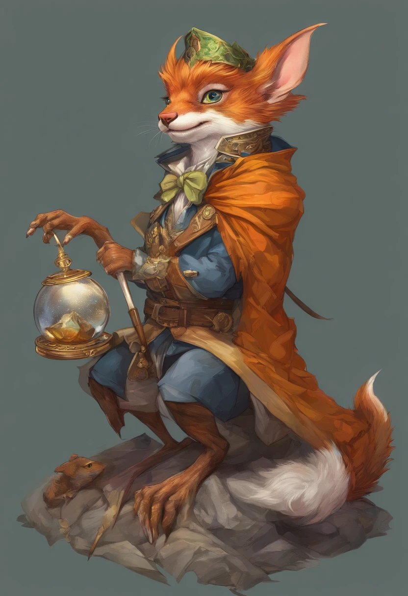 (((by Zackary911, by Kenket, By Kilinah))), Solo Male, Bright orange skin, Orange scales, (((Leprechaun)), (Detailed kobold)) Wearing a blue cape with a hood, Green gemstone on collar, Bandage thighs and bandage chest, muscular toned, Squirrel ears, Fairy Tail, Messy hair, Front view, looking at the observer with an embarrassed smile, Blush, Hold a staff with a crystal ball, Perspective, finely detailed paws,