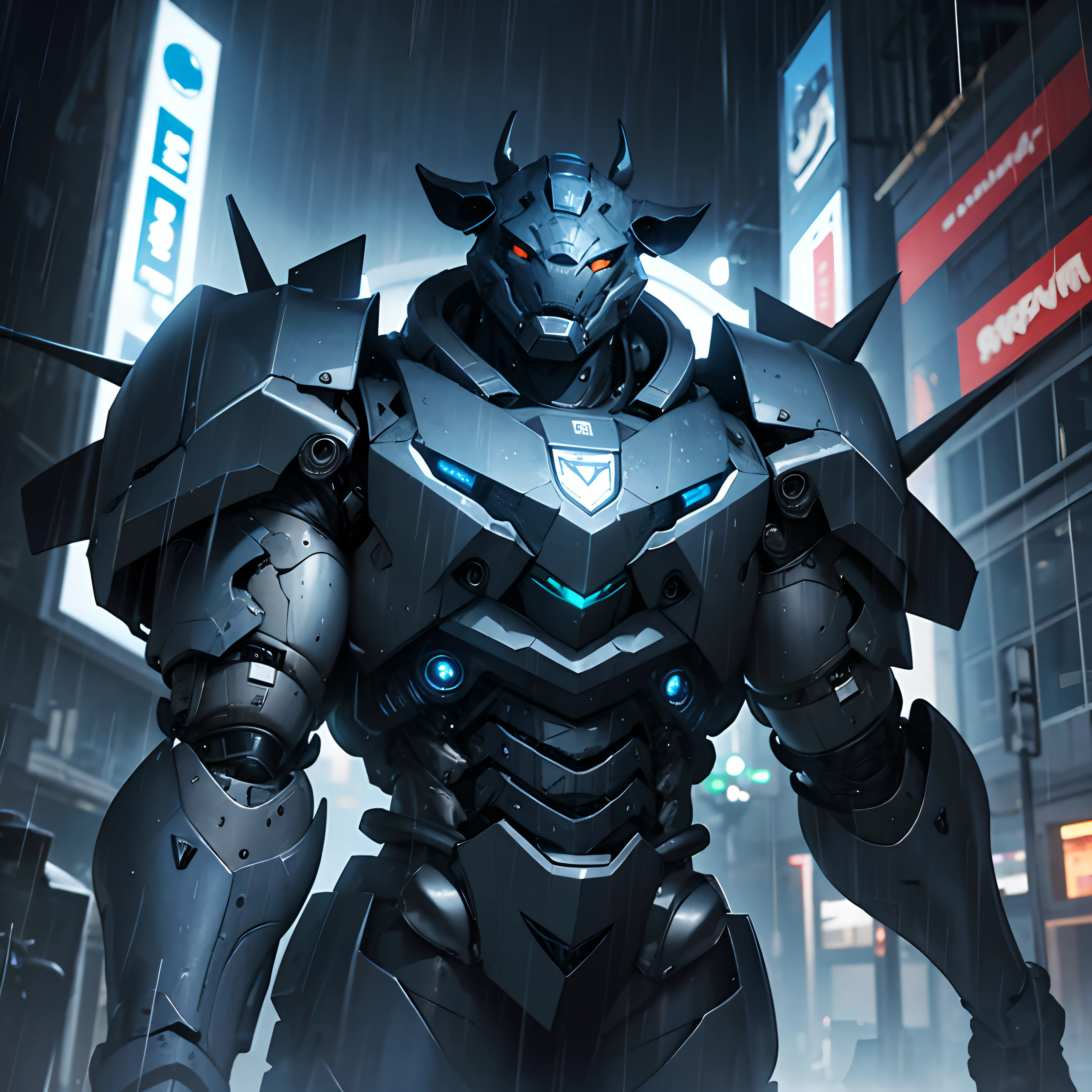 Rhinoceros cyborg, rhiniceros mecha, looking at viewer, blue light eyes, rain, city