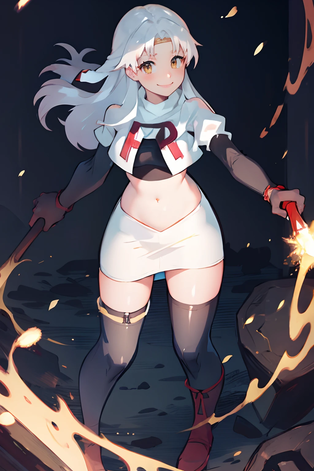 micaiah fe,  team rocket uniform, red letter R, white skirt,white crop top,black thigh-highs,black elbow gloves, confident smile