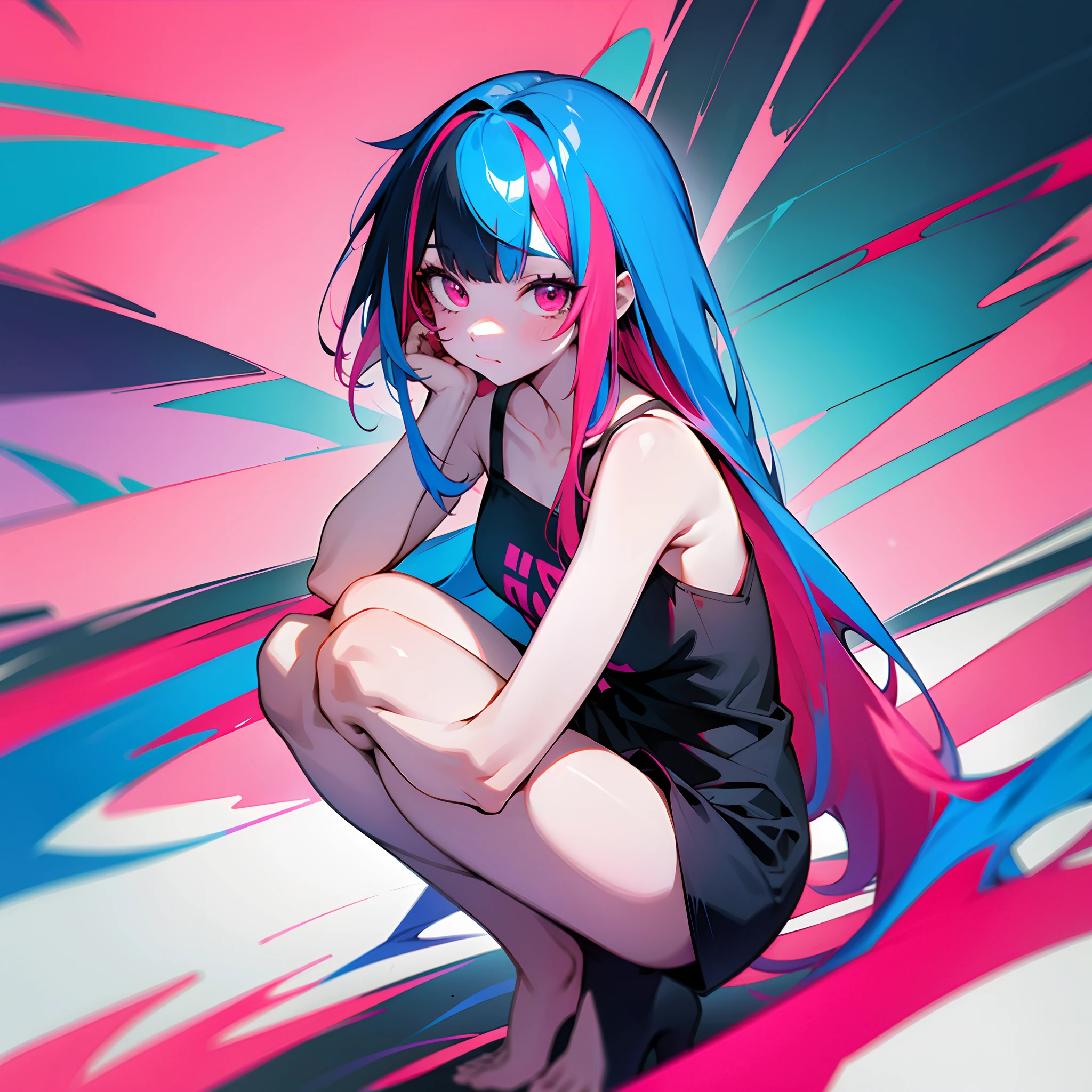 1girl, solo, long hair, multicolored hair, looking at viewer, bare shoulders, colorful, red eyes, blue hair, squatting, bangs, streaked hair, pink eyes, pink hair, colored skin