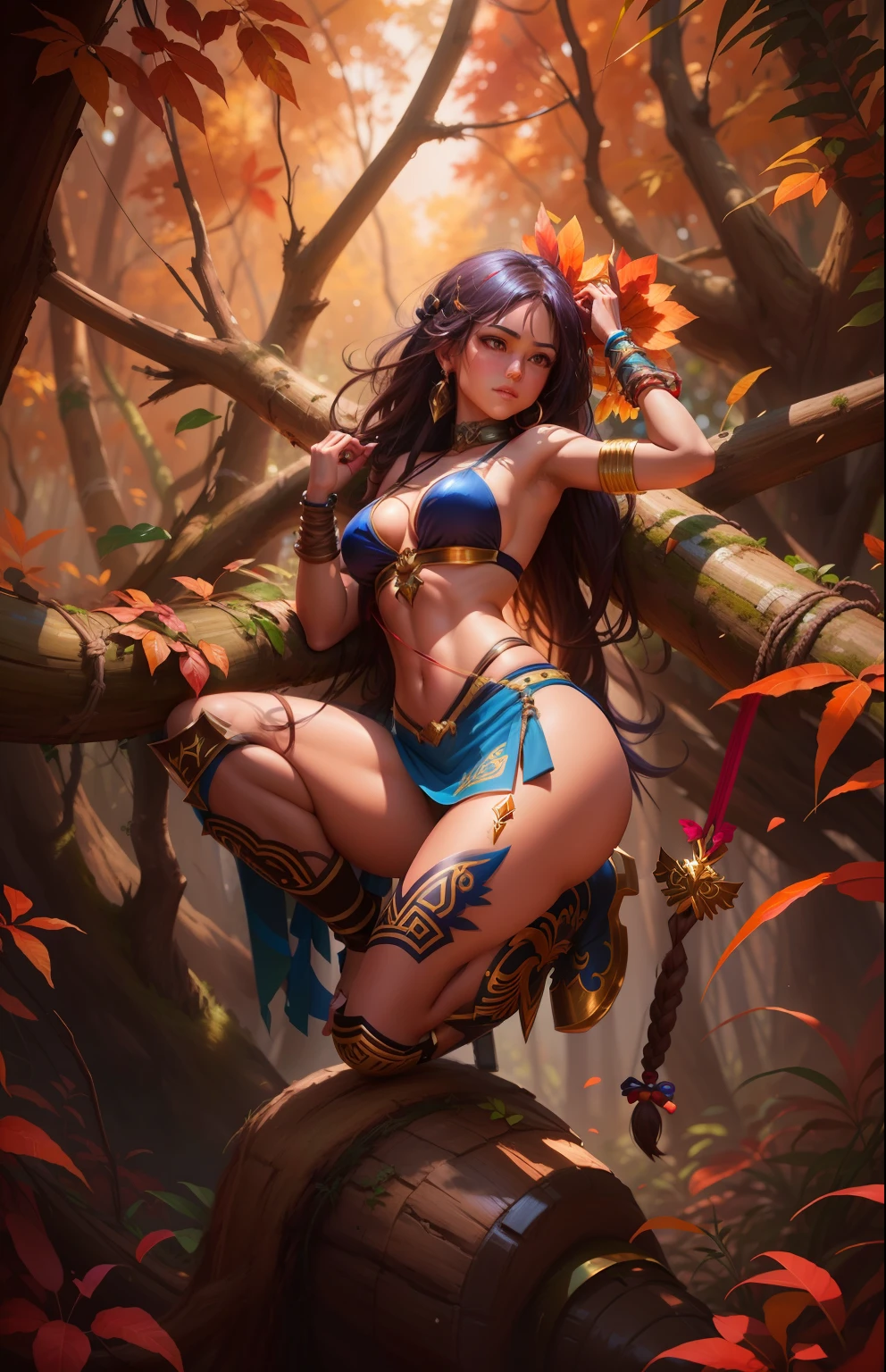 Arafed woman in a bikini sitting on a tree branch in a forest, artgerm extremadamente detallado, por Yang J, WLOP | Artgerm, Estilo Artgerm, WLOP RossDraws, Arte WLOP, Artgerm en ArtStation Pixiv, Modelo IG | Artgerm, Estilo de Artgerm, Artgerm. Inca Amazon Warrior Anime Illustration