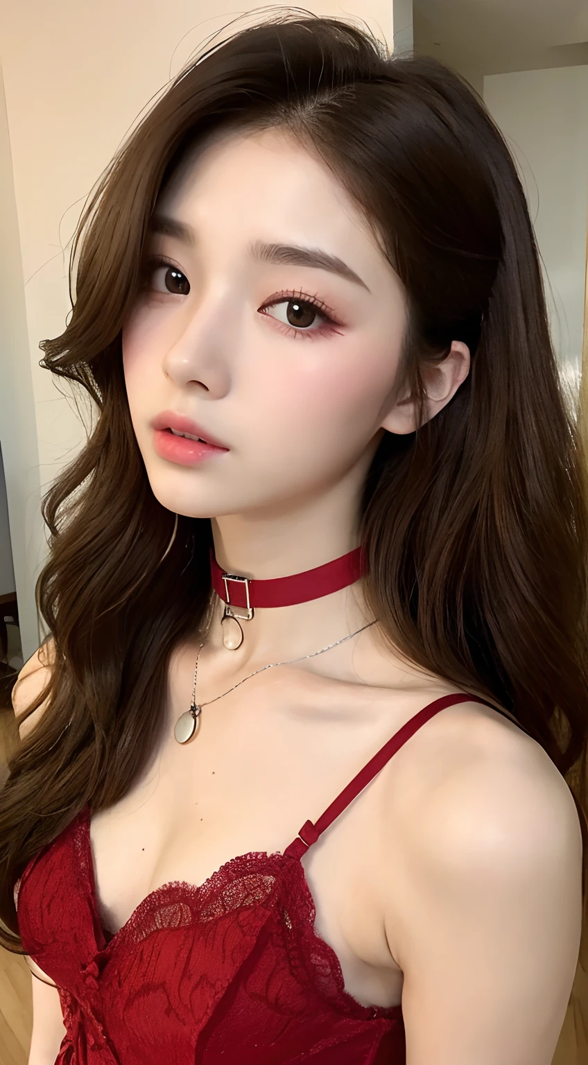 ((Top Quality, 16k, Masterpiece: 1.3)), Sharp Focus: 1.2, Beautiful Women with Perfect Figure: 1.4, Slender Abs: 1.2, (((Long Brown Wavy Hair)), ((Small: 1.4)), (Long Random Hairstyle 1.3)), ((Red Babydoll Lingerie 1.5)), (Japanese-style Room), Highly Detailed Face and Skin Texture, Chocker Necklace, Detailed Eyes, Double Eyelids, ((Pause)), ( Captivating))