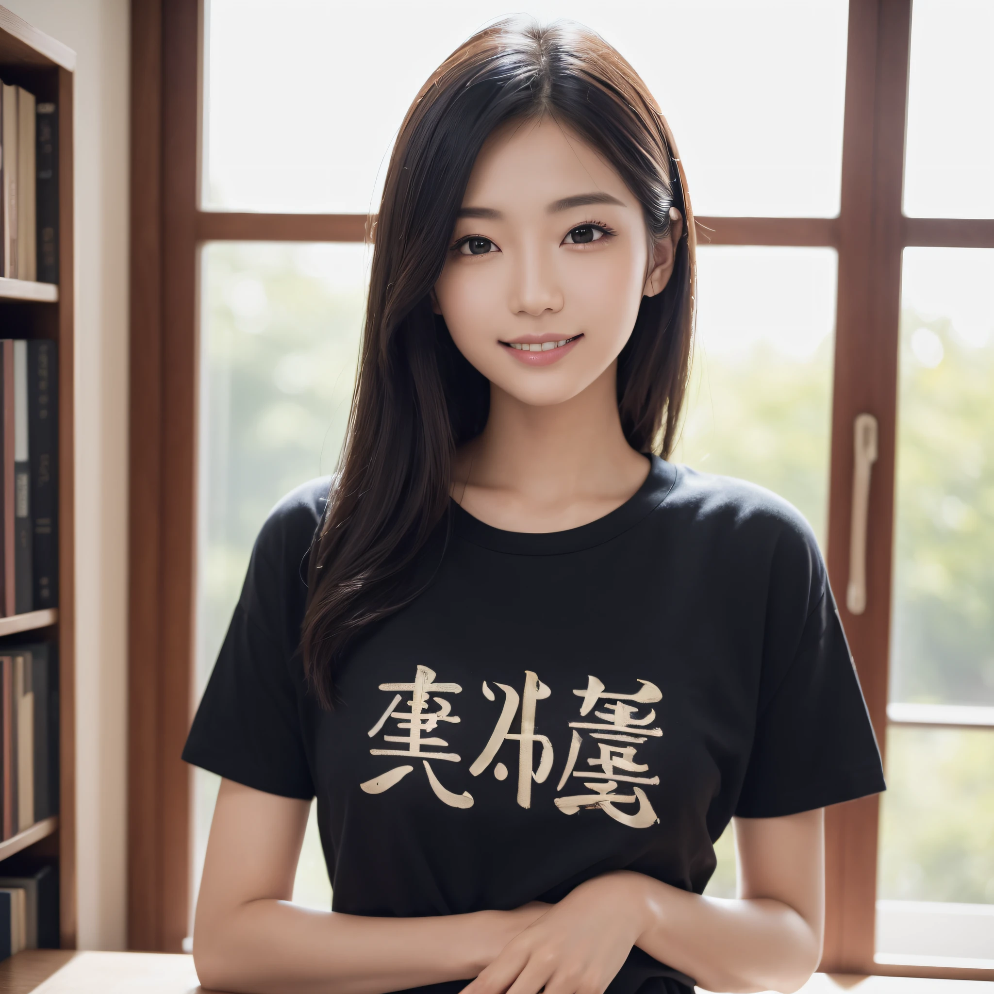 One beauty、((best qualtiy、8k masterpieces:1.3))、foco nítido:1.2、(ultra beautiful faces:1.0)、(shinny skin:1.0)、photos realistic、A dark-haired、Video Lighting、High-definition eyes and face、Video Lighting、Japanese ido、from the front side、medium breasts、Smile、Slender Abs Beauty、Whole body、Wearing a T-shirt with Japan kanji written on it、at the library