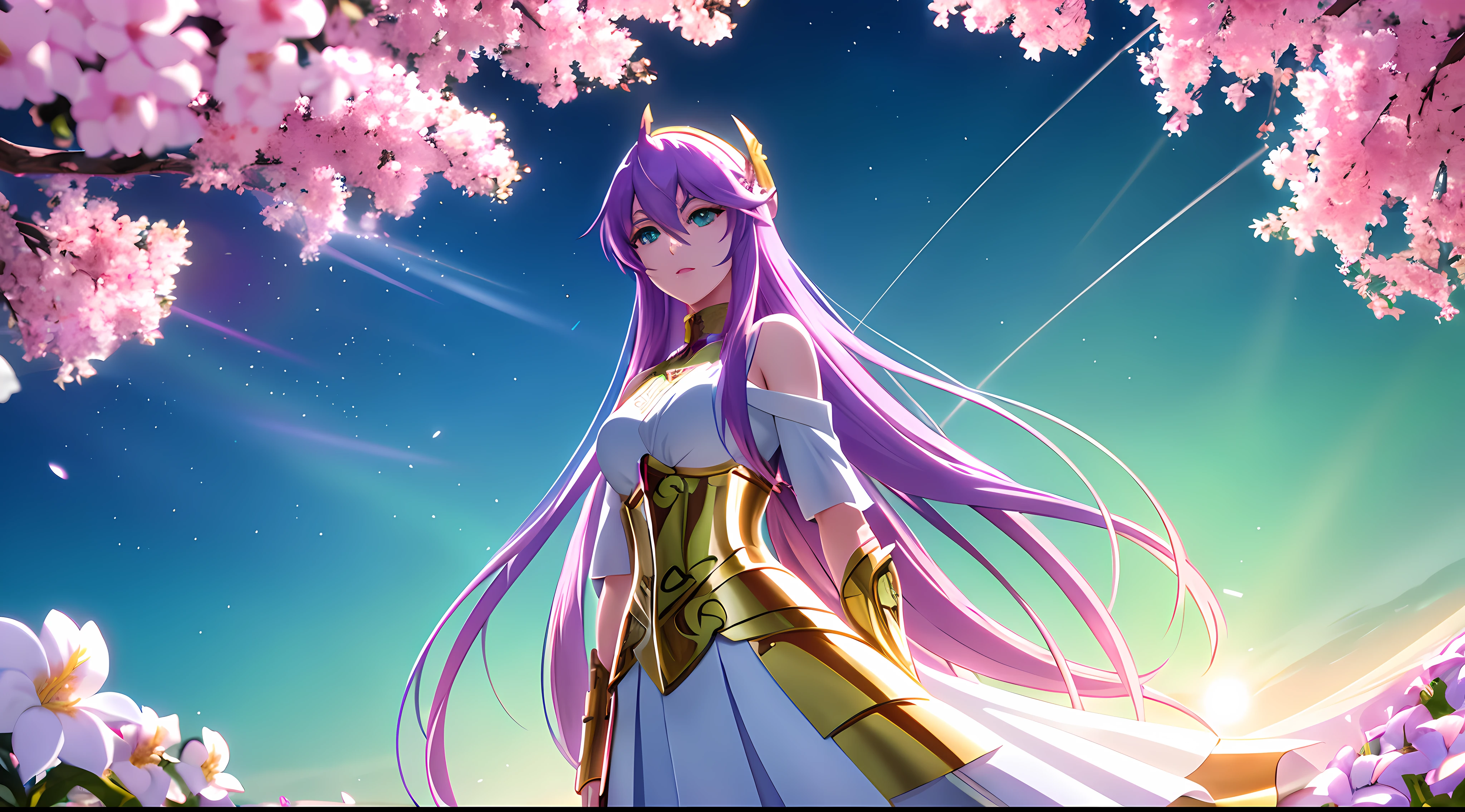 Athena with plain long light purple hair,hair between eyes,green eyes,rosy cheeks,full lips,thin eyebrows,slender body,wearing golden armor and full long skirt,cute anime girl,full body,vibrant flowers field in background,anime style,Lumen Reflections,Screen Space Reflections,Diffraction Grading,Chromatic Aberration,GB Displacement,Scan Lines,Ray Traced,Anti-Aliasing,FXAA,TXAA,RTX,SSAO,Shaders,OpenGL-Shaders, GLSL-Shaders,Post Processing,Post-Production,cell Shading,Tone Mapping,CGI,VFX,SFX,insanely detailed and intricate, 4K,standing, solo, masterpiece, best quality, detailed face, detailed eyes, highres, standing, solo,masterpiece, best quality