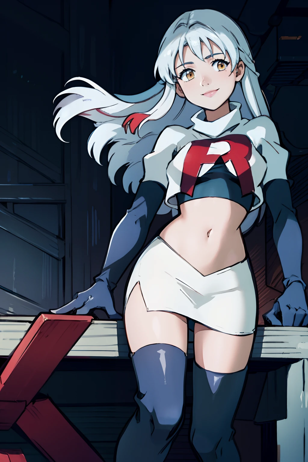 micaiah fe, team rocket uniform, red letter R, white skirt,white crop top,black thigh-highs,black elbow gloves, confident smile