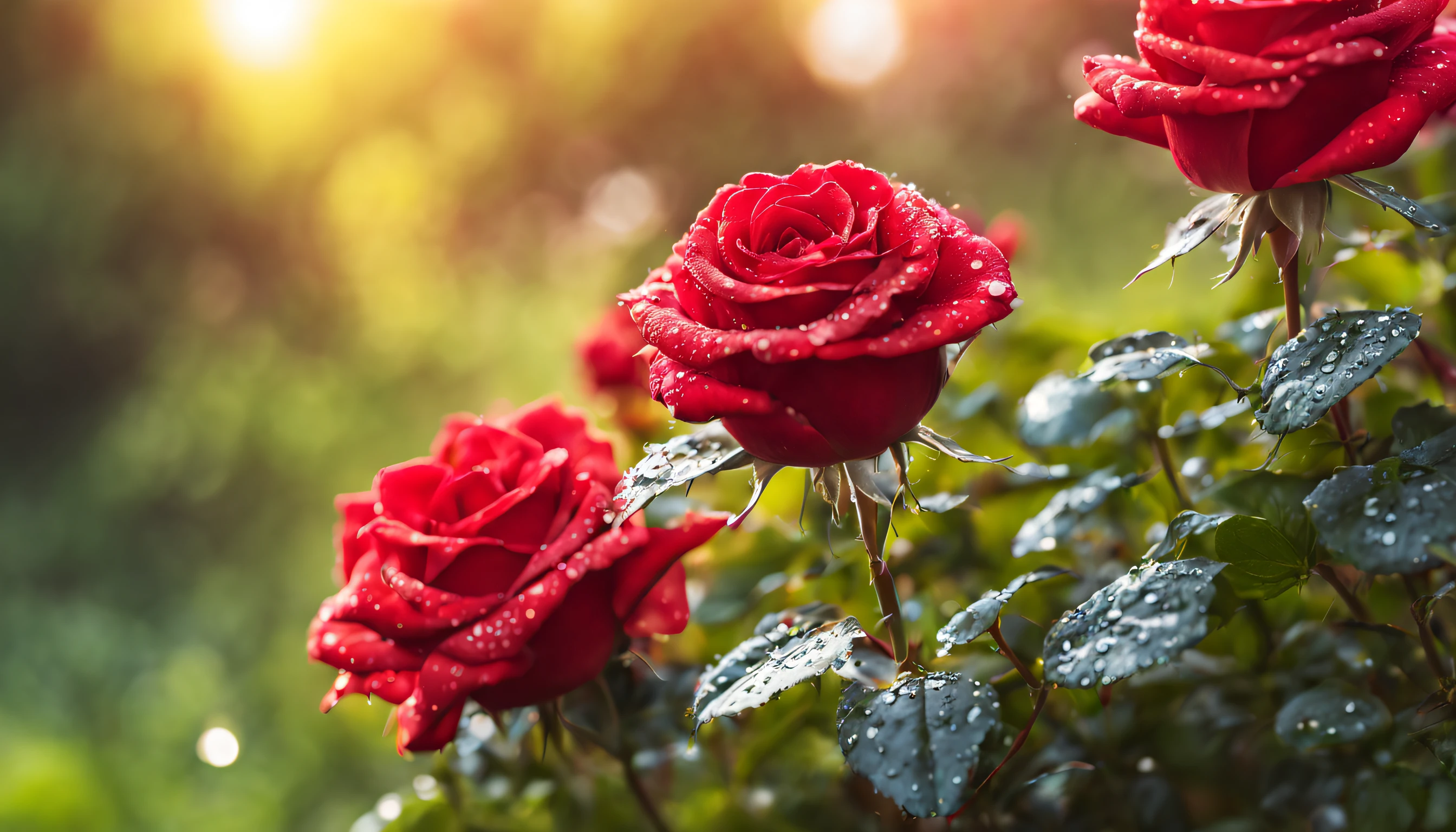 Many red color rose flowers in the garden and sunlight with bokeh, dew drops on flower petals (masterpiece, ultra quality, high resolution, 8k, intricate: 1.2), (masterpiece), (best quality:1)
