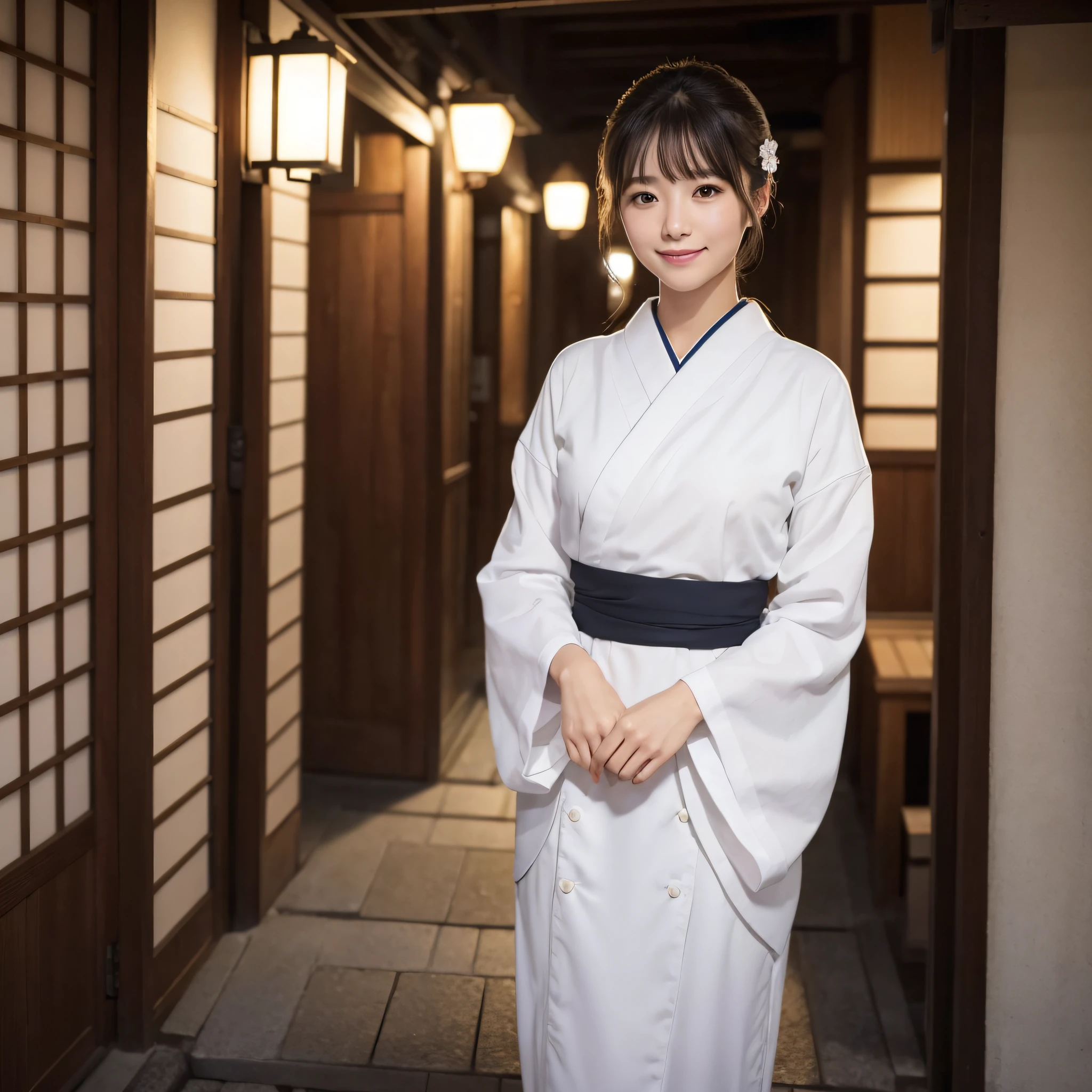 Beautiful woman in neat Japanese clothes、((best qualtiy、8k masterpieces:1.3))、foco nítido:1.2、(ultra beautiful faces:1.0)、(shinny skin:1.0)、photos realistic、A dark-haired、Video Lighting、High-definition eyes and face、Video Lighting、Japan Idol Actress、from the front side、medium breasts、Smile、Slender Abs Beauty、Whole body、In Gion