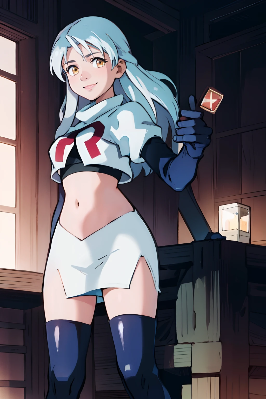 micaiah fe, team rocket uniform, red letter R, white skirt,white crop top,black thigh-highs,black elbow gloves, confident smile