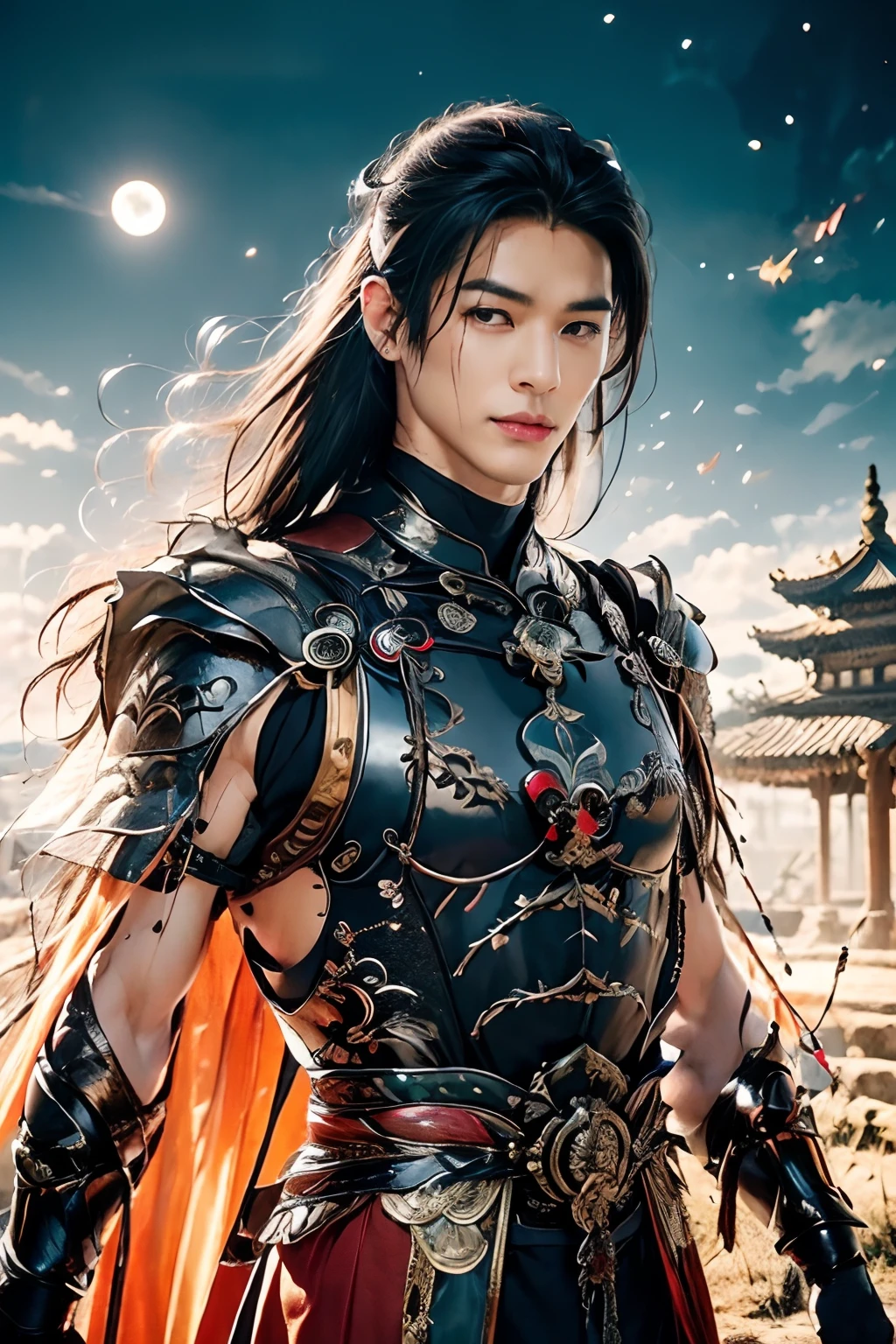 A 21-year-old Asian man,Thick eyebrows,Melon seed face,Handsome face,Men's full body ,A transparent streamer is tied to the body and flutters in the wind,The background is an ancient Chinese town,Time is night。Deep blue sky,A full moon,Lots of black lanterns,Pavilions and arch bridges,His skin is fair,He is slender, The limbs have pronounced muscle lines,high-definition photography,Real-world scenarios,Lots of detail, wearing black long coat, black long pants, black turtleneck shirt, lightning, magic, messy long hair, battle pose, warrior, looking at viewer, proud