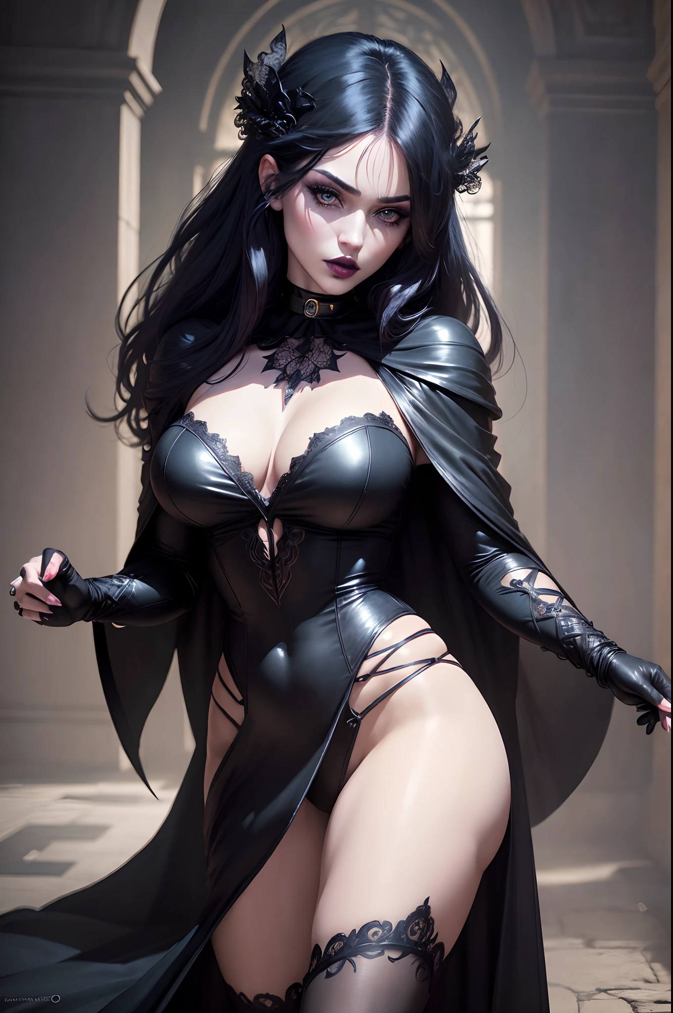 (Best Quality, 8k, 32k, Masterpiece, UHD:1.3), (Photo of Attractive Caucasian Gothic model Woman), 1 Girl, Raven from DC comics , DC comics, heavy makeup , cape, choker,very pale skin,Ultra Detailed Face, Detailed Lips, Fine Eyes, black lipstick, Fine Eyes, double eyelids