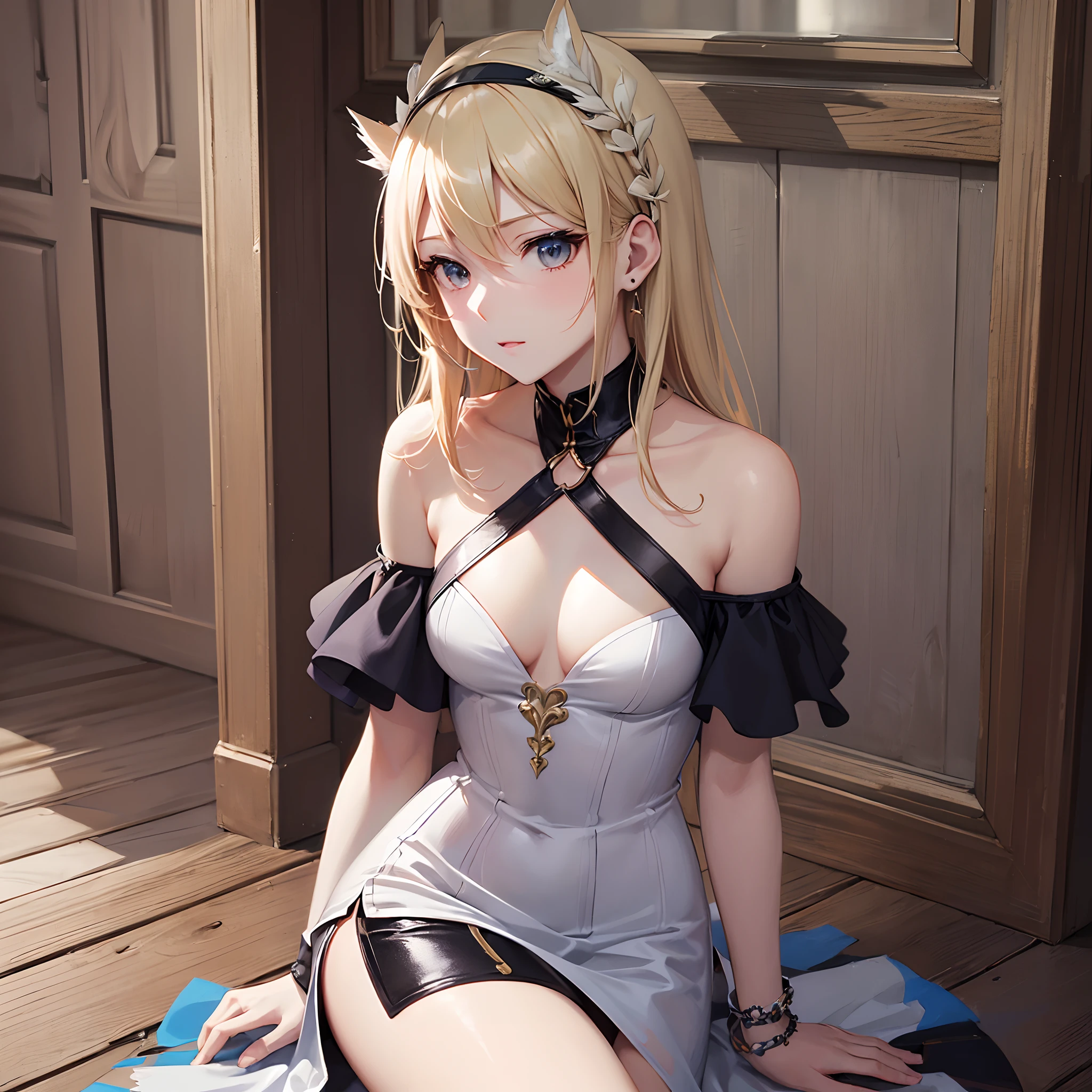 ((Finest quality)),(超A high resolution),(ultra-detailliert),((Best Anime)),sharpnes,Clair,Art with astounding depictions, (1人の女性),Ash Blonde Side Tail,(Off-shoulder sheath dress),small tits