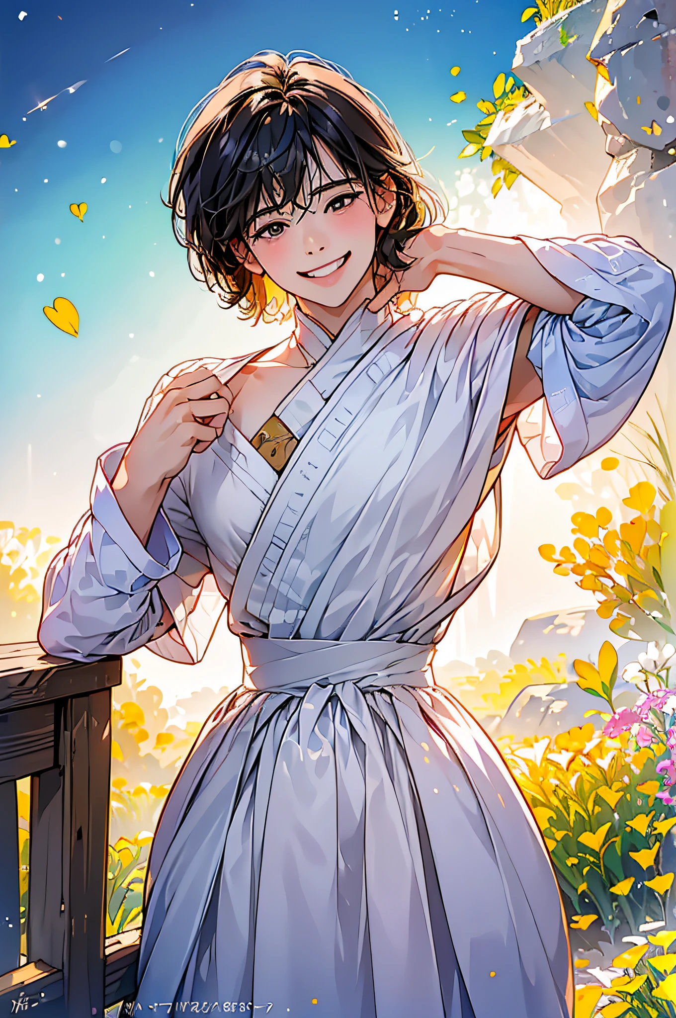 (in 8K、top-quality、masterpiece:1.2)、1人の女性、(Smiling smile:1.1)、beautidful eyes、Valley、The upper part of the body、shorth hair、Like a boy、Colossal tits、red view、