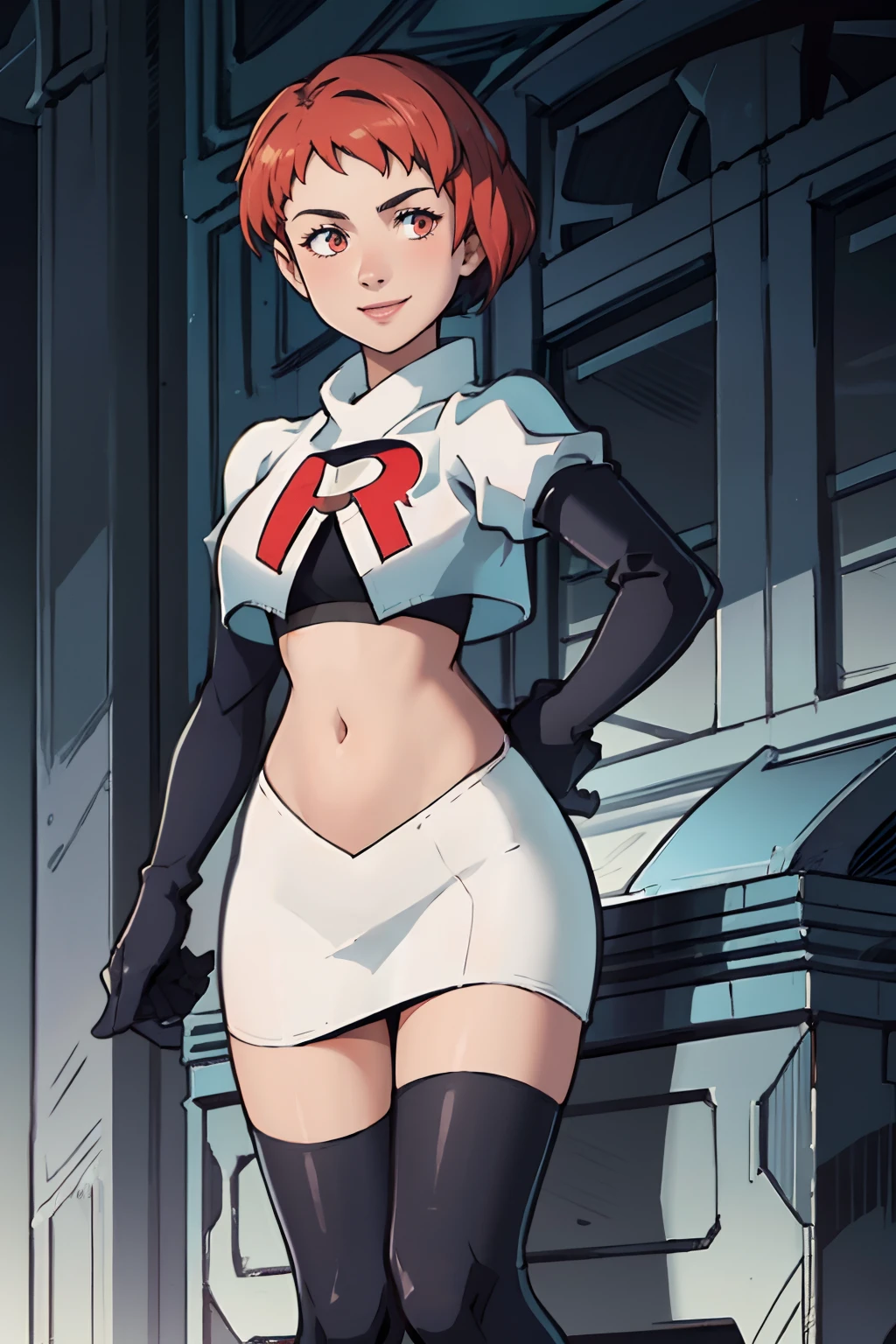 leonie pinelli, short hair, team rocket uniform, red letter R, white skirt,white crop top,black thigh-highs,black elbow gloves, confident smile