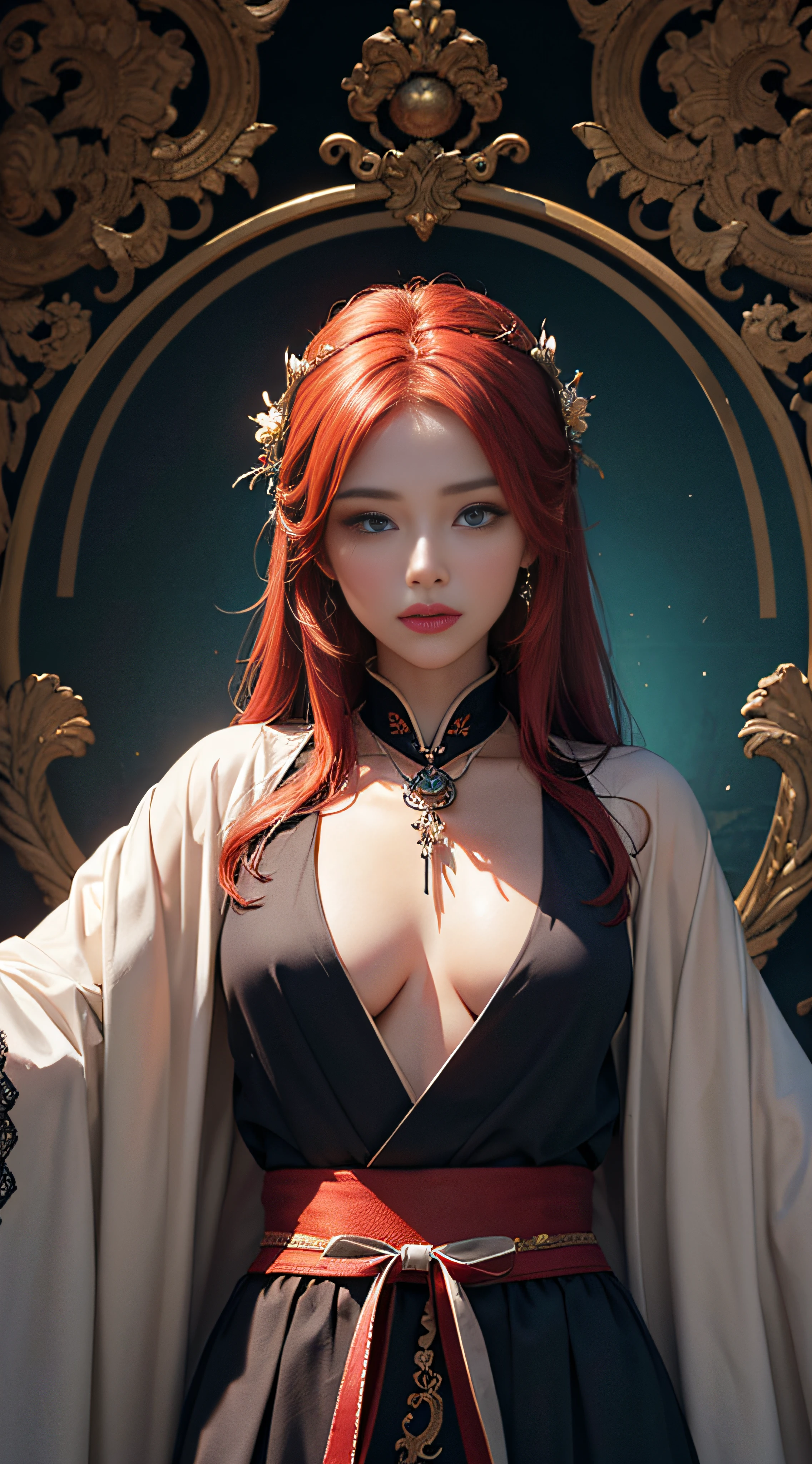 Official Art, Unity 8k wallpaper, super detailed, beautiful, beautiful, masterpiece, best quality, dark, atmospheric, mystical, romantic, creepy, literature, art, fashion, ming and qing dynasties, decoration, intricate, ironwork, embroidery, contemplation, emotional depth, supernatural, hanfu, 1 girl, red hair, bright blue eyes, solo, neck, bust composition