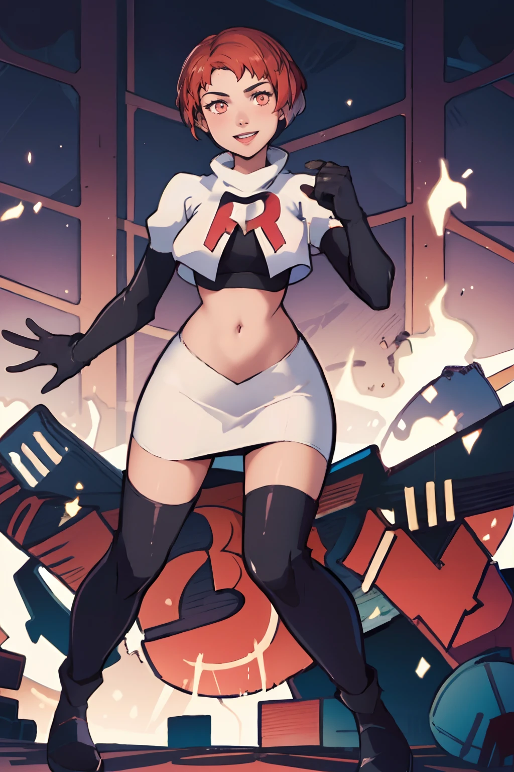 leonie pinelli, short hair, team rocket uniform, red letter R, white skirt,white crop top,black thigh-highs,black elbow gloves, confident smile