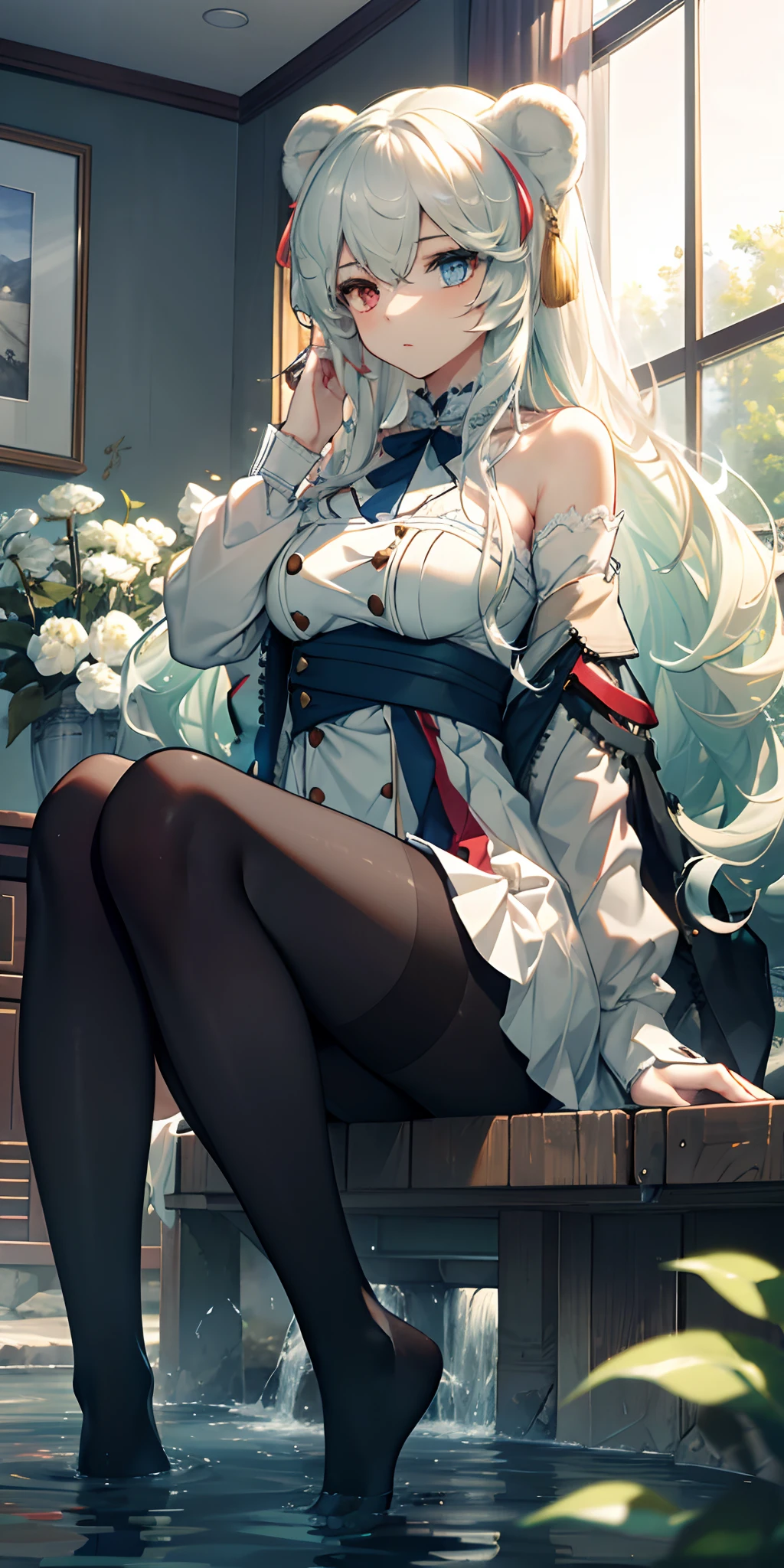 (Extremely delicate and beautiful:1.5),1girl, sitting in water， Wash her feet，black pantyhose，no shoes
