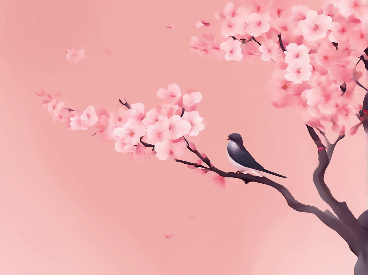 Flying cherry blossoms ,( glute, illustration,Ancient beauty,Beautiful posture,Photograph the body sideways with the camera,Curvy body)(The characters are again located below the picture)(((Hand drawn illustrations))),(A few little flying swallows),((pink gradient background)),illustration,poster for,,abstract paintings,Disney style,Clear contour illumination,rim-light,fanciful,A small amount of cherry blossoms,(((Chinese landscape painting style,Product posters))),Vector graphics