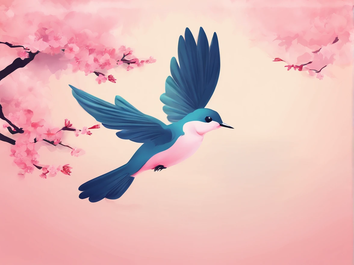 Flying cherry blossoms ,( glute, illustration,Ancient beauty,Beautiful posture,Photograph the body sideways with the camera,Curvy body)(The characters are again located below the picture)(((Hand drawn illustrations))),(A few little flying swallows),((pink gradient background)),illustration,poster for,,abstract paintings,Disney style,Clear contour illumination,rim-light,fanciful,A small amount of cherry blossoms,(((Chinese landscape painting style,Product posters))),Vector graphics