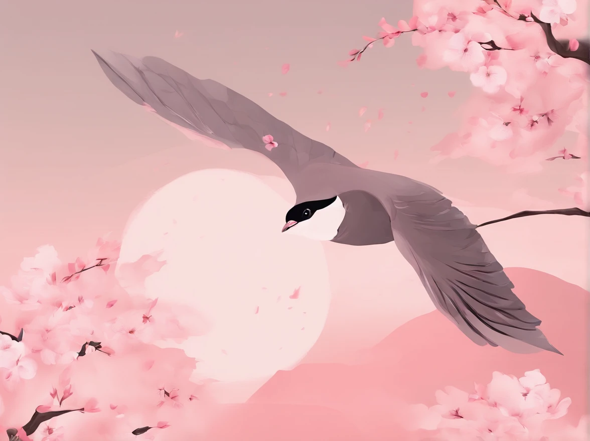 Flying cherry blossoms ,( glute, illustration,Ancient beauty,Beautiful posture,Photograph the body sideways with the camera,Curvy body)(The characters are again located below the picture)(((Hand drawn illustrations))),(A few little flying swallows),((pink gradient background)),illustration,poster for,,abstract paintings,Disney style,Clear contour illumination,rim-light,fanciful,A small amount of cherry blossoms,(((Chinese landscape painting style,Product posters))),Vector graphics